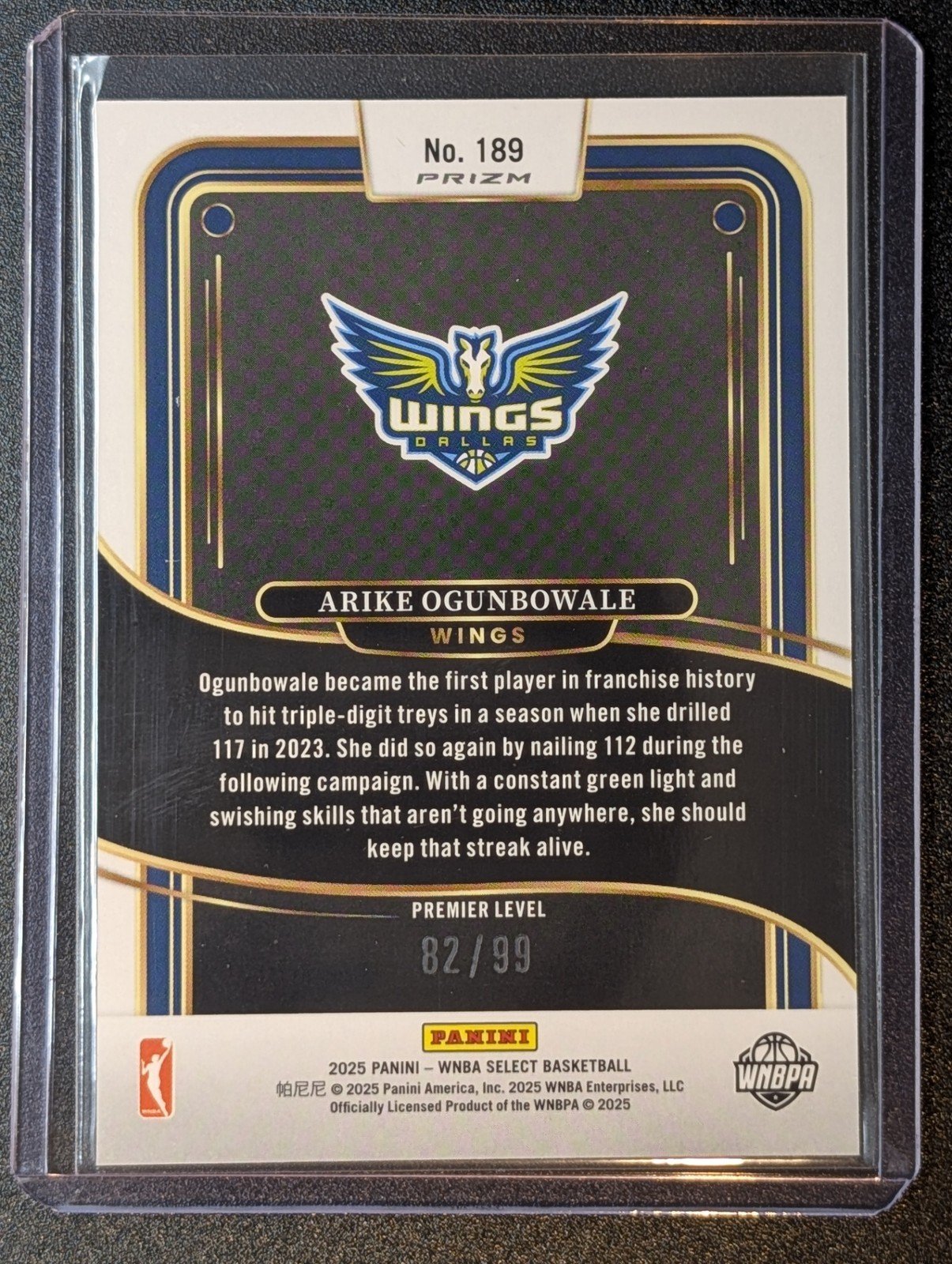 Back of 2025 Panini Select WNBA /99 #189 Arike Ogunbowale Prizm