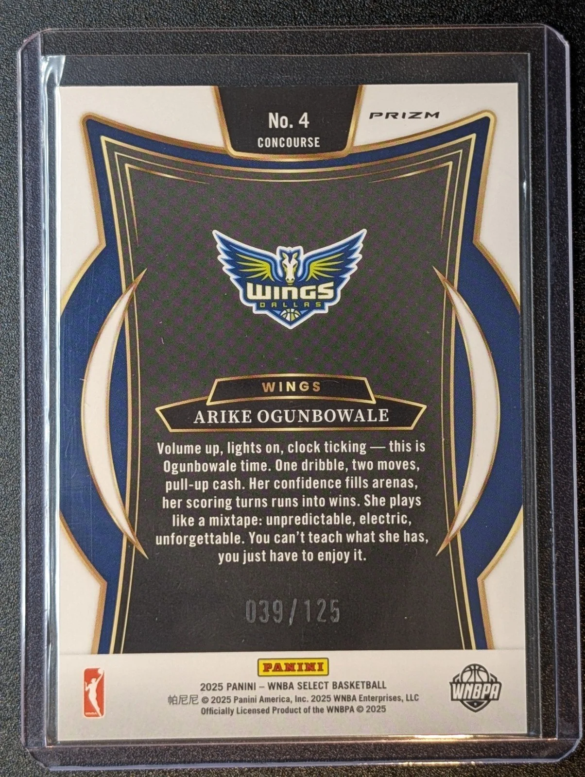 Back of 2025 Panini Select WNBA /125 Arike Ogunbowale Light Blue Disco Prizms #4