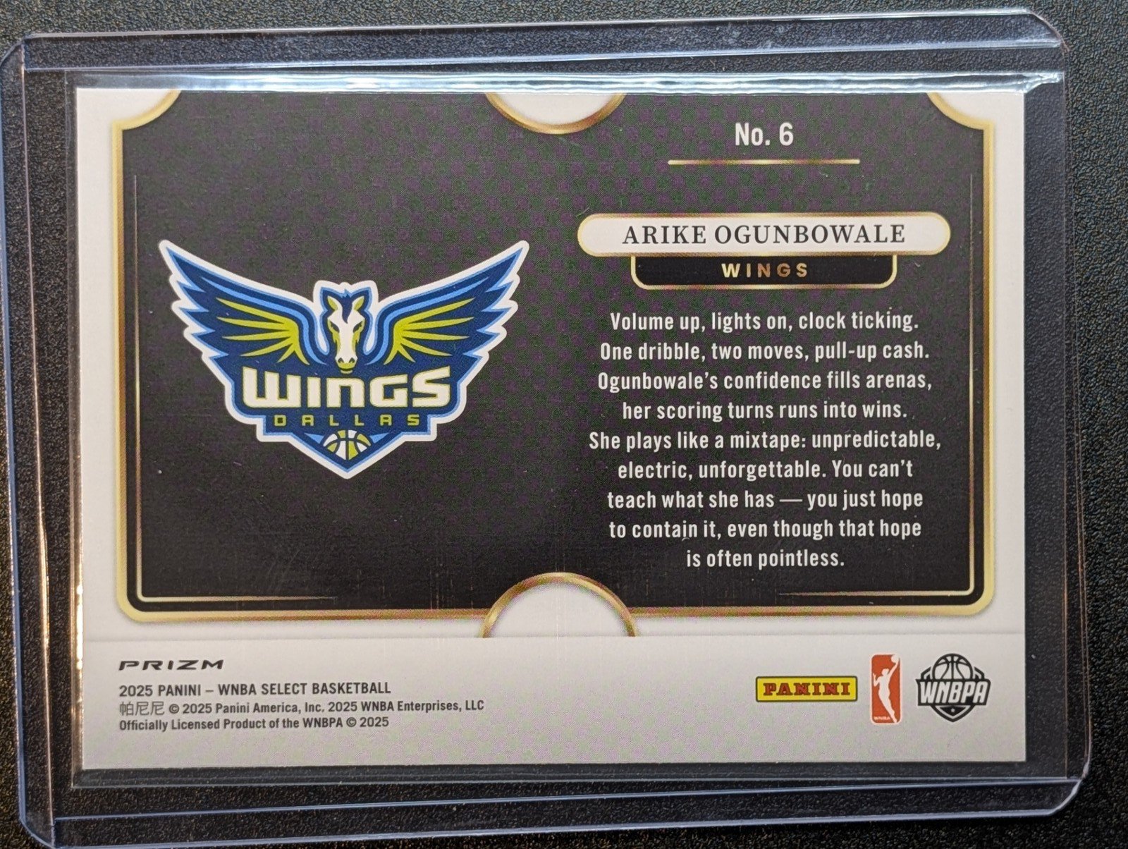 Back of 2025 Panini Select WNBA #6 Arike Ogunbowale Snapshot Prizm