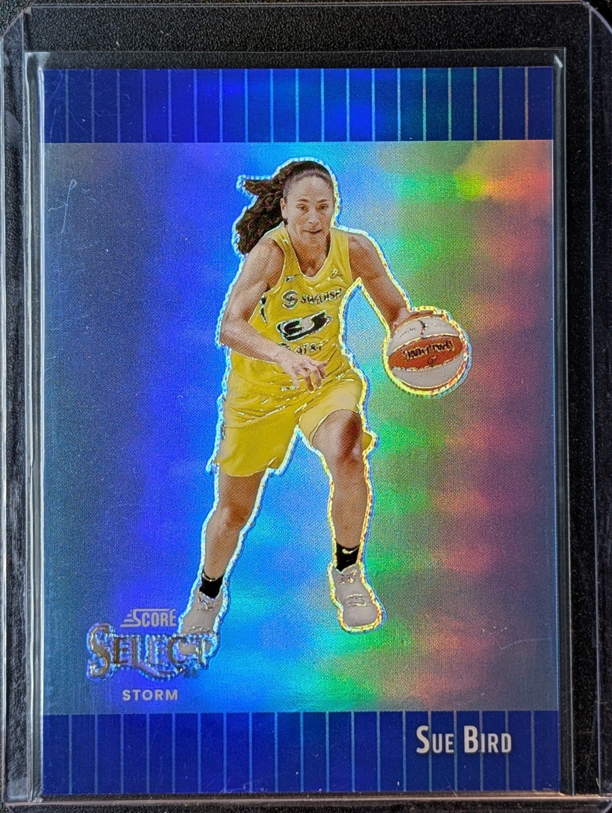 Front of 2025 Panini Select WNBA /49 SUE BIRD Score Throwback BLUE PRIZM #4 STORM