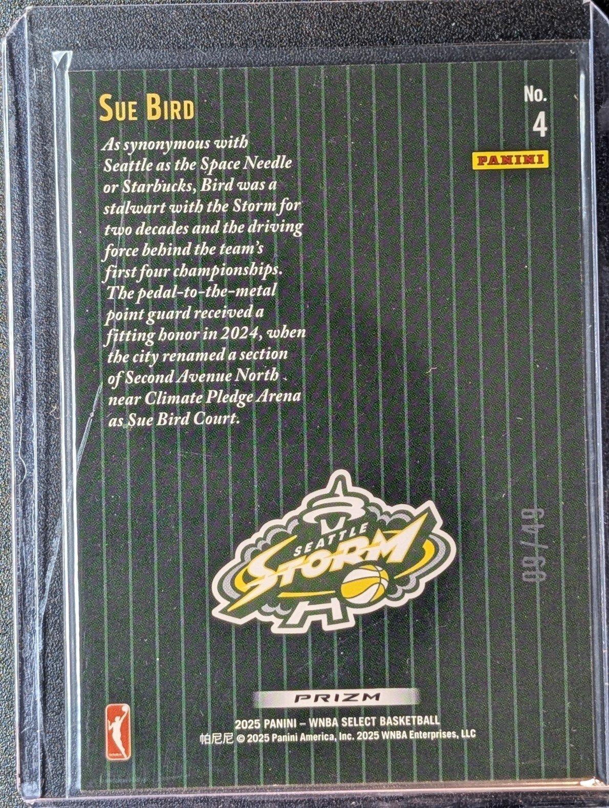 Back of 2025 Panini Select WNBA /49 SUE BIRD Score Throwback BLUE PRIZM #4 STORM