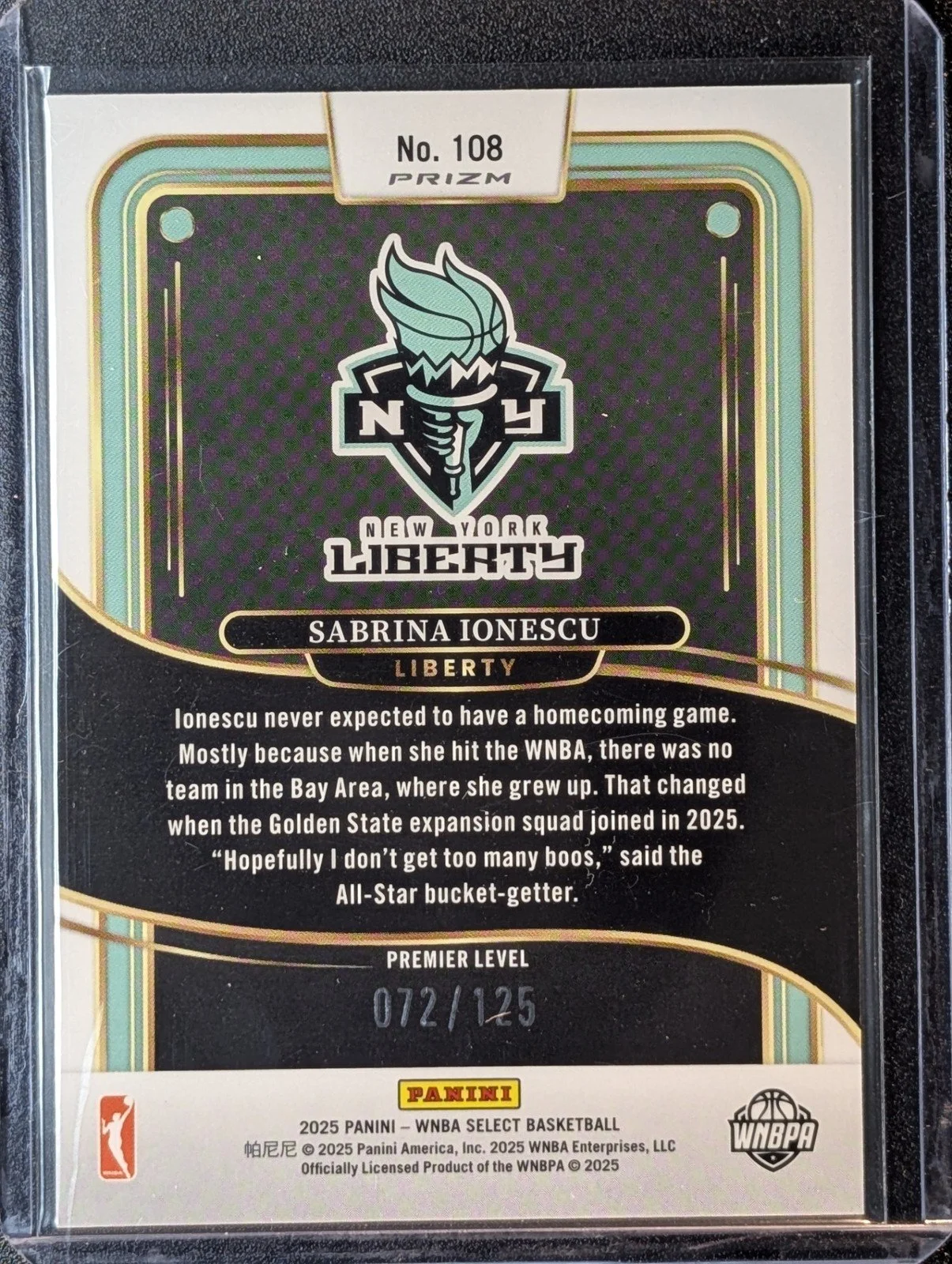 Back of 2025 Panini Select WNBA /125 Sabrina Lonescu Orange Prizm #108