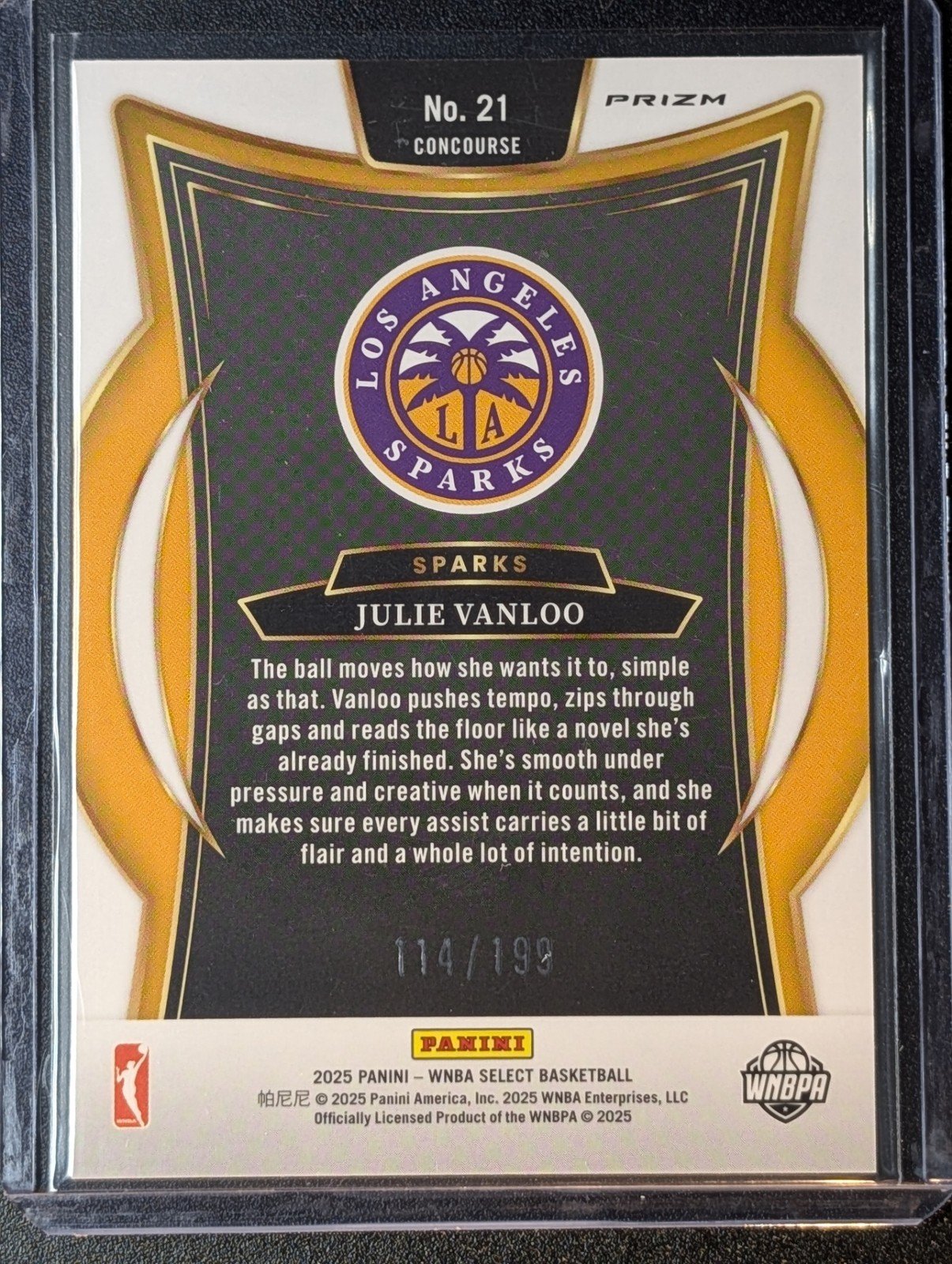 Back of 2025 Panini Select WNBA /199 Julie Vanloo BLUE SCOPE PRIZM #21