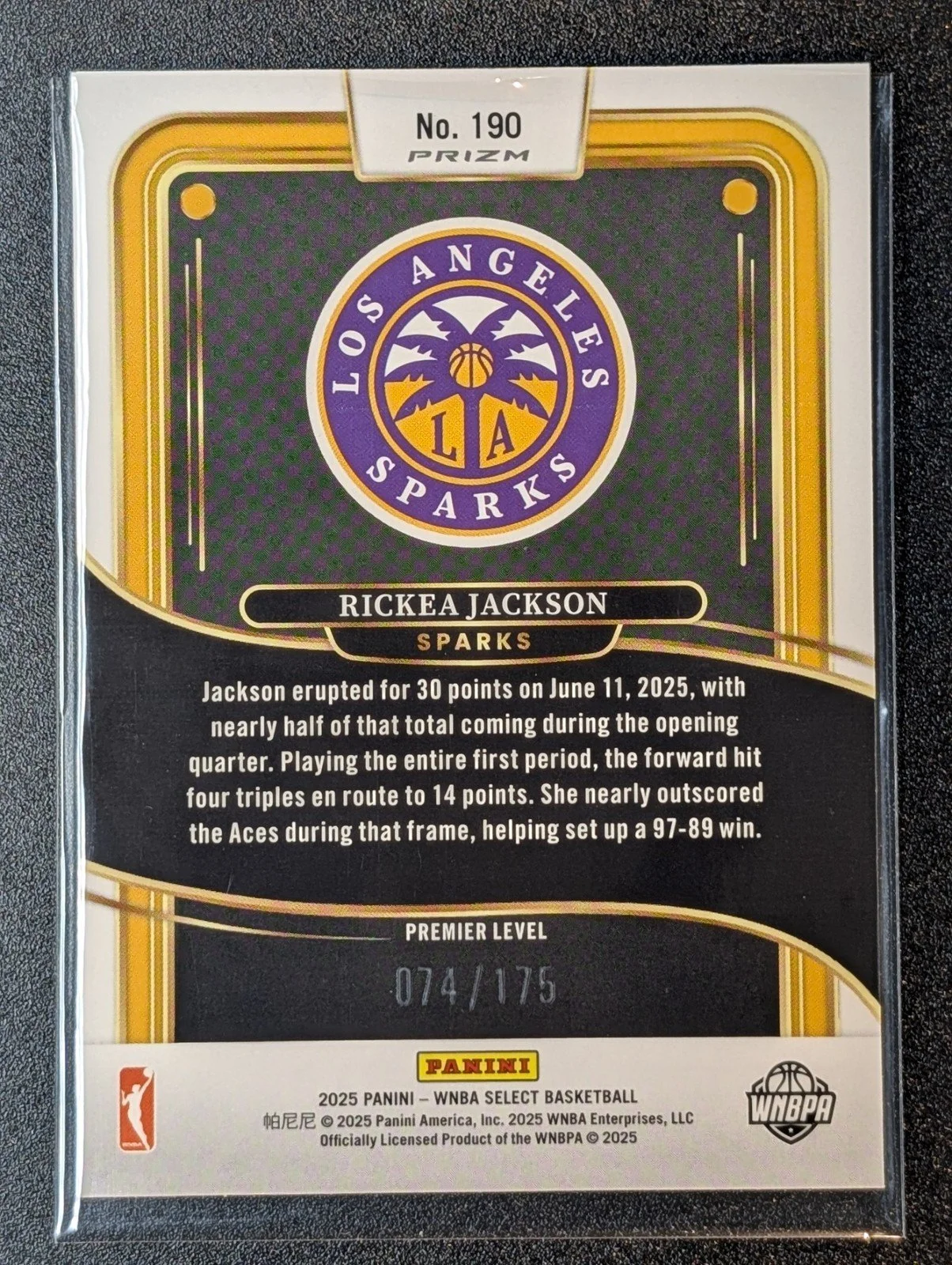 Back of 2025 Panini Select WNBA /175 Rickea Jackson Pink Camo #190