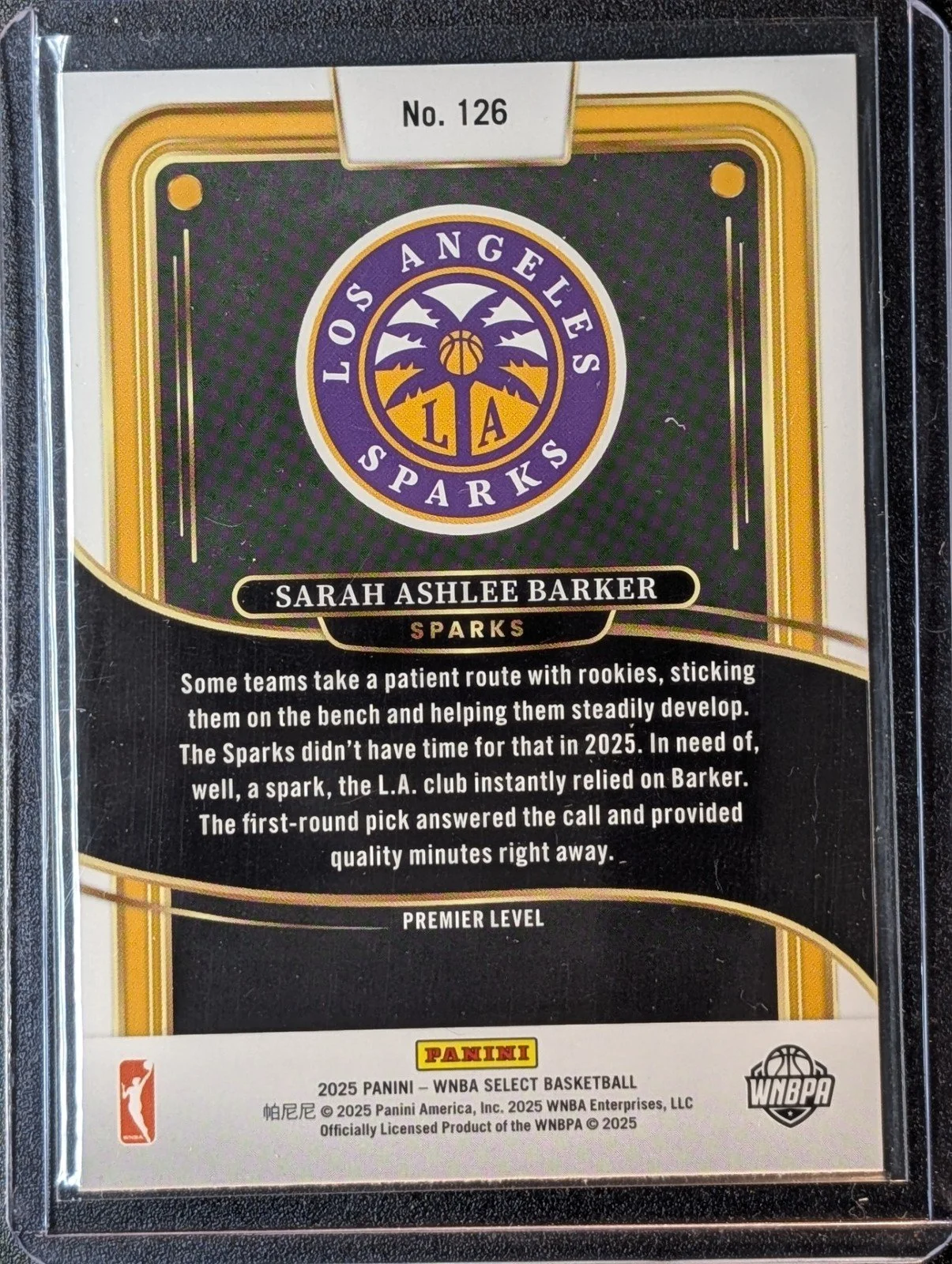 Back of 2025 Panini Select WNBA #126 Sarah Ashlee Barker Sparks RC