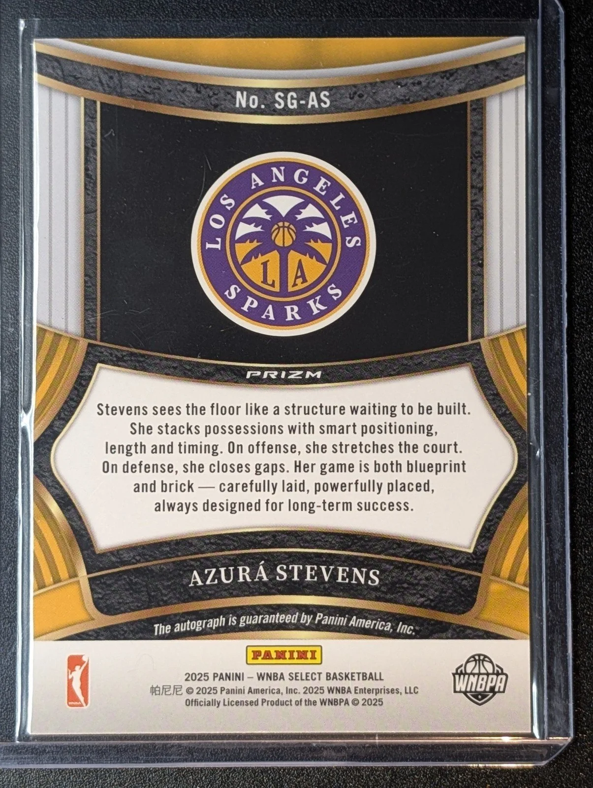 Back of 2025 Panini Instant WNBA #SG-AS Azura Stevens Auto Prizm