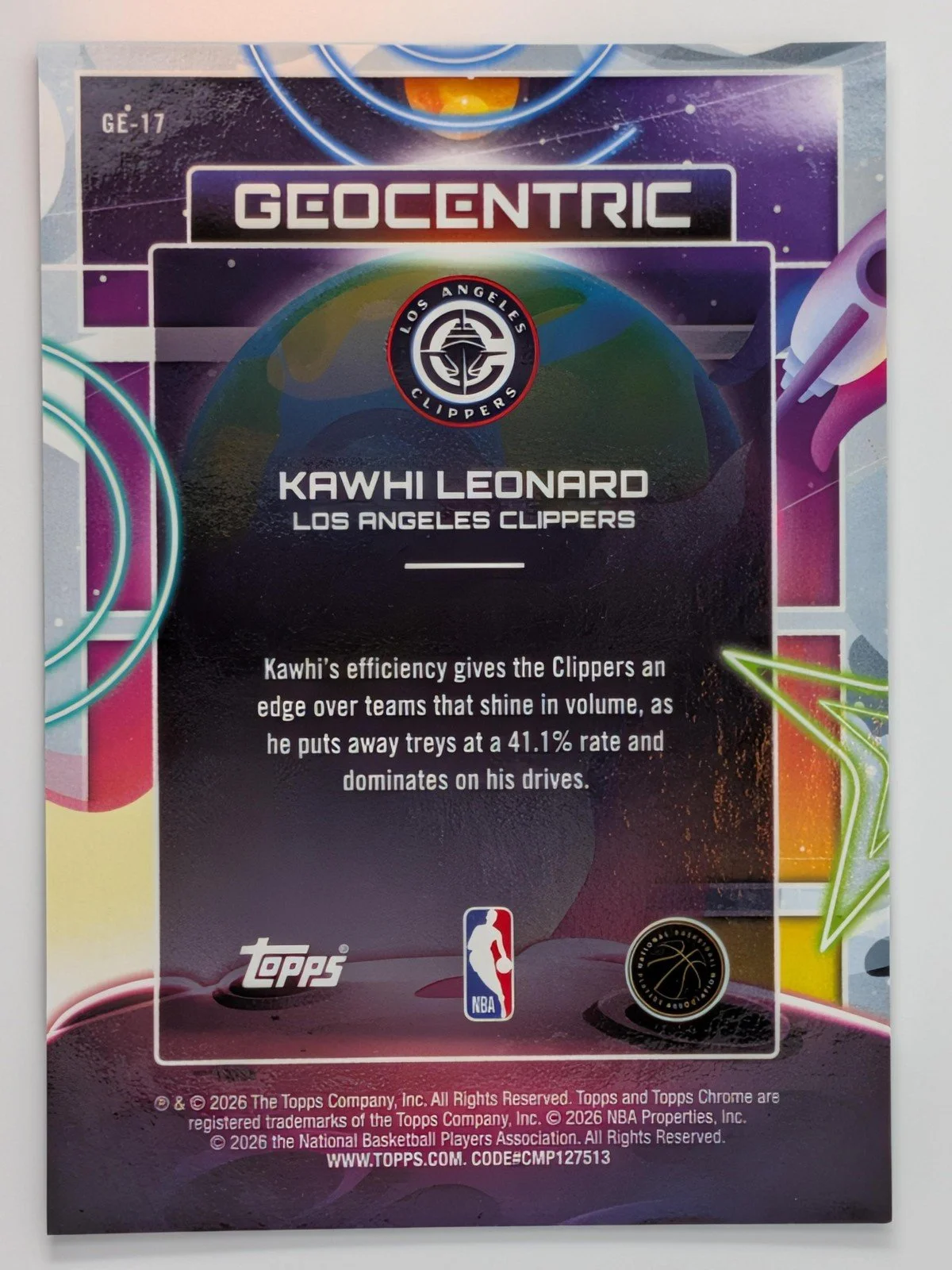 Back of 2025-26 Topps Chrome Cosmic #GE-17 Kawhi Leonard Geocentric SSP