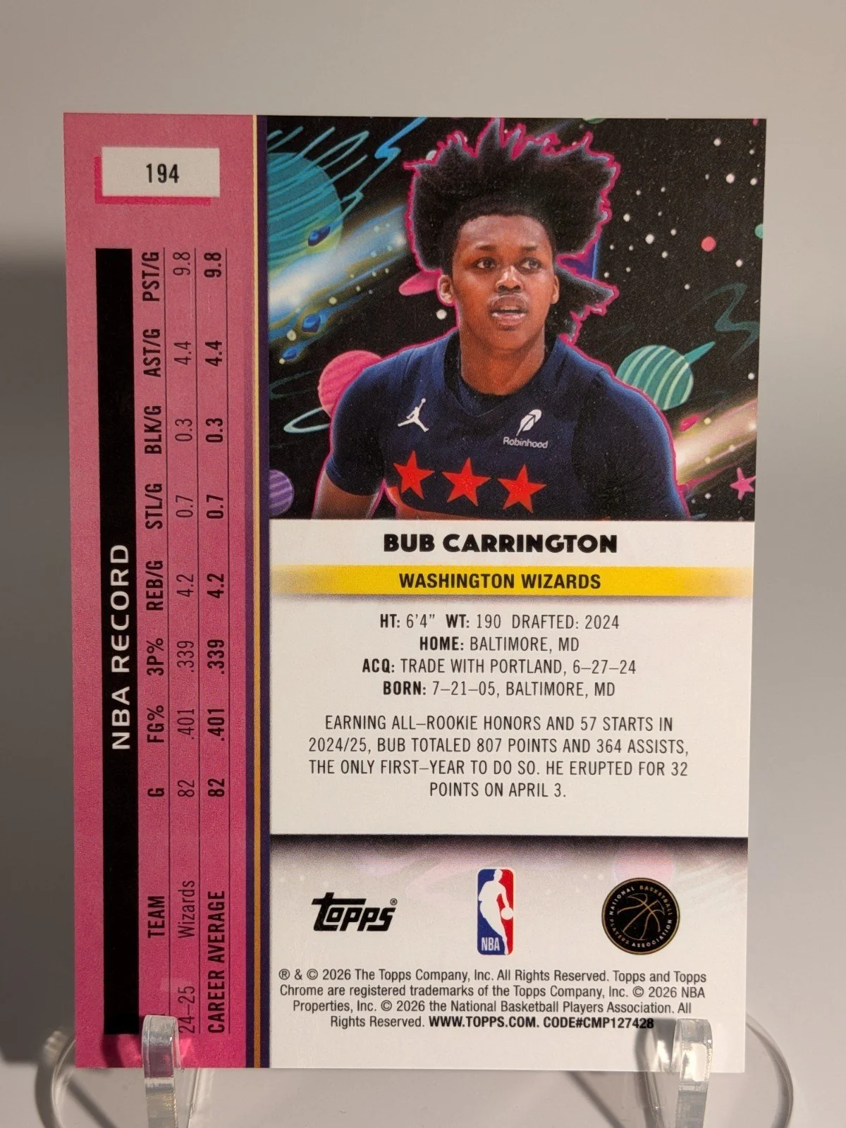 2025-26 Topps Chrome Cosmic #194 Bub Carrington Lunar Refractor SSP - photo 4