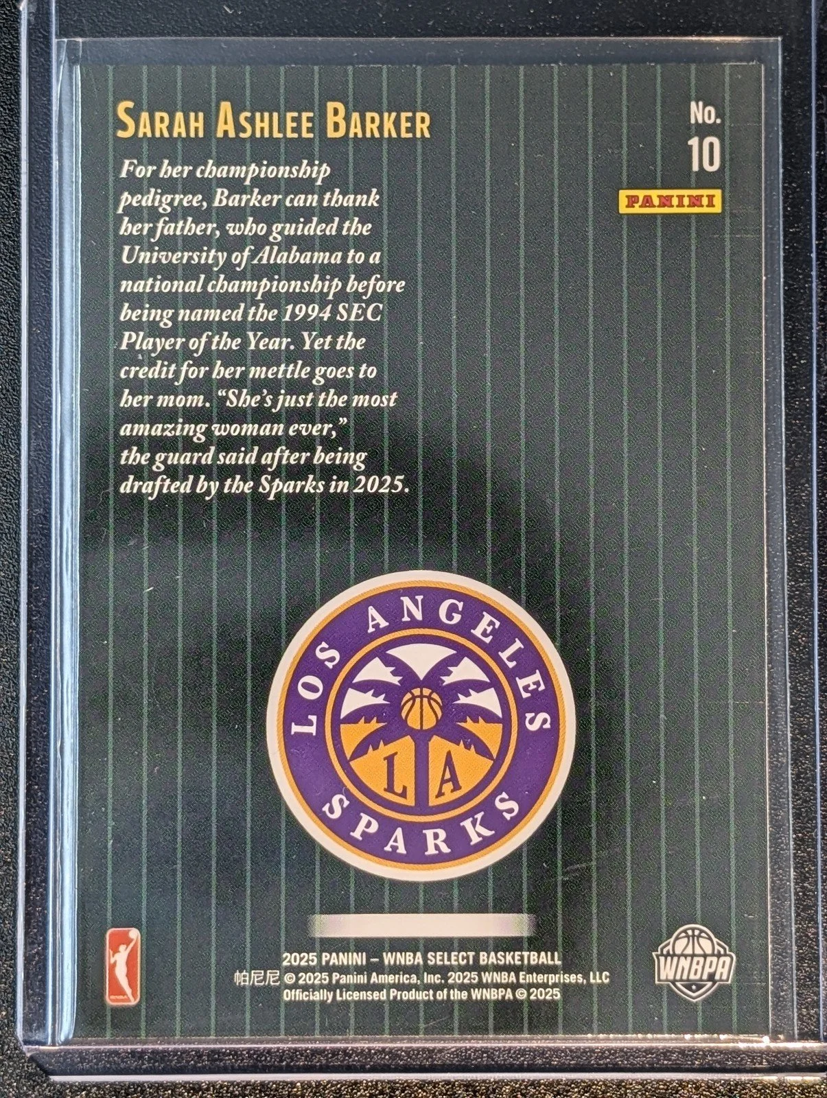 Back of 2025 Panini Select WNBA #10 Sarah Ashlee Barker Score Select Throwback