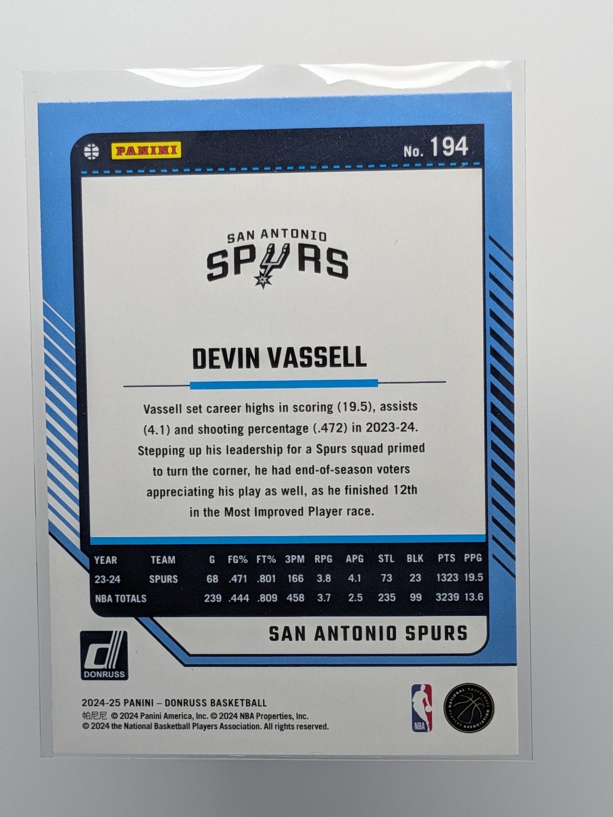 Back of 2024-25 Donruss #194 Devin Vassell Silver Velocity