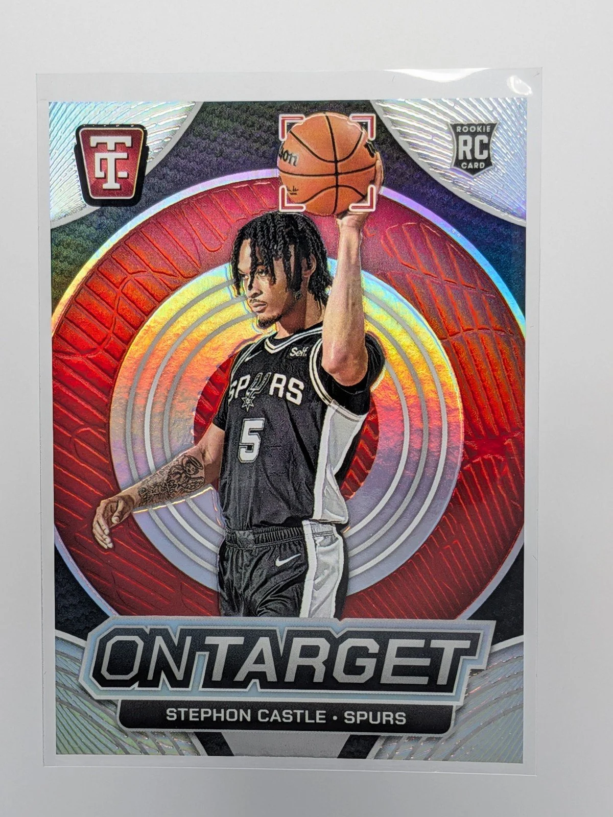 Front of 2024-25 Panini Totally Certified #24 Stephon Castle On Target Mirror RC