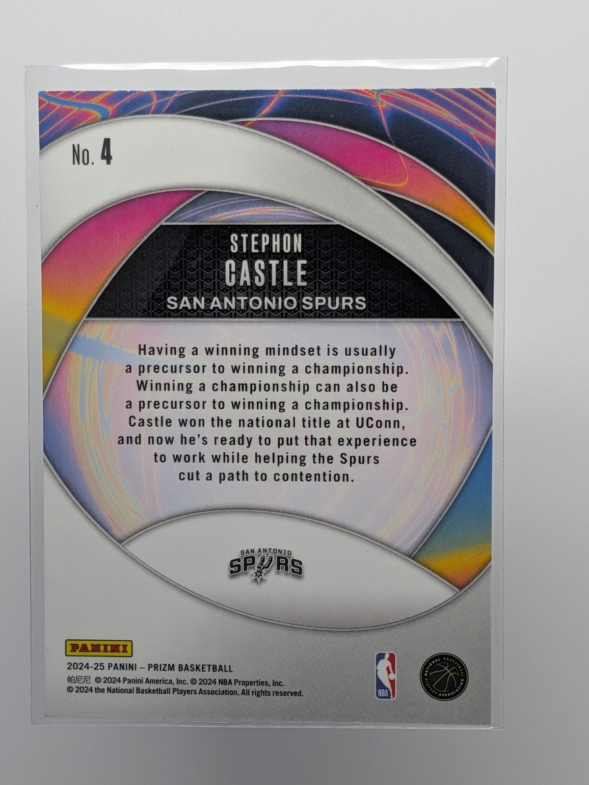 Back of 2024-25 Panini Prizm #4 Stephon Castle Instant Impact RC