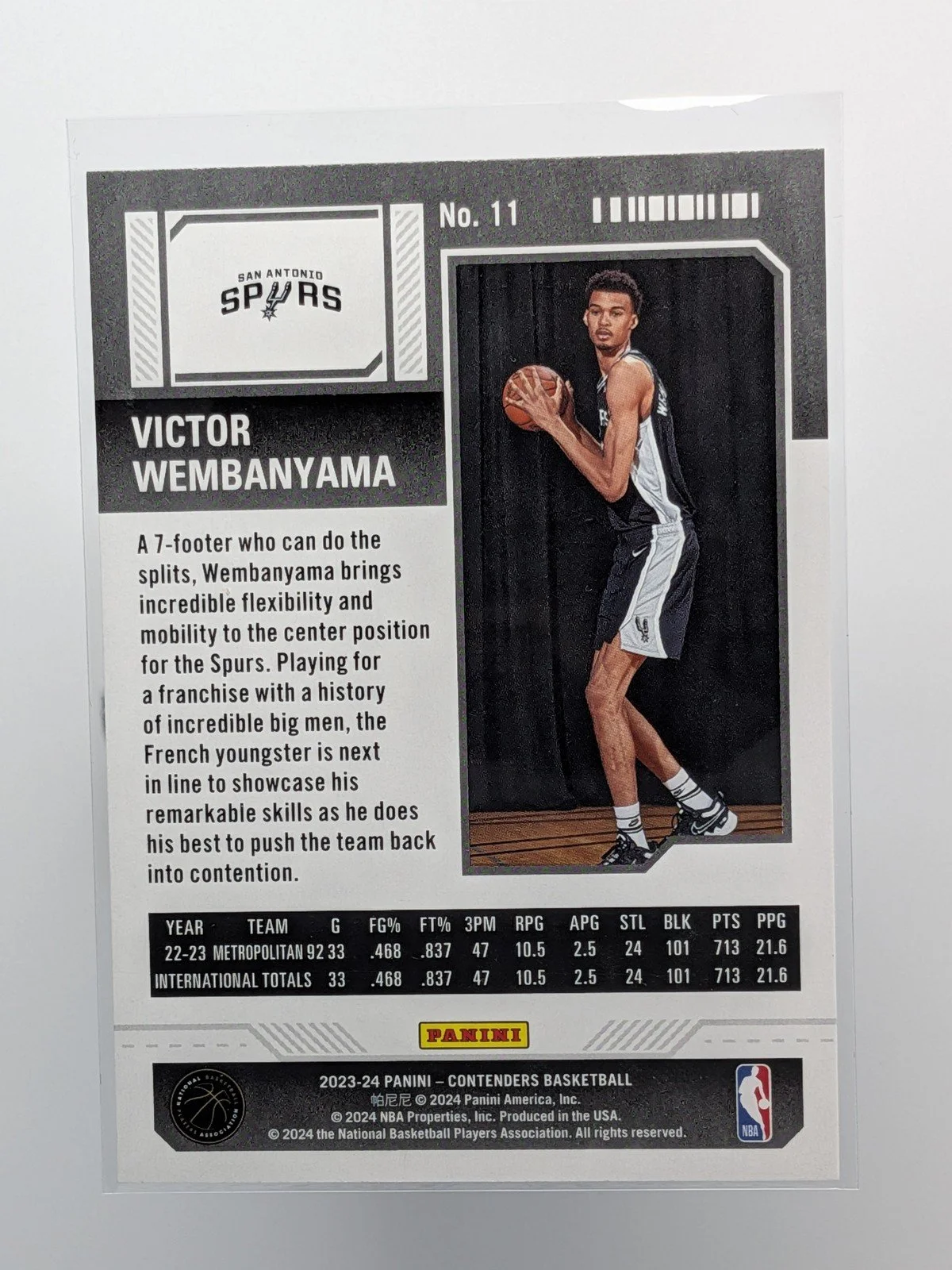 Back of 2023-24 Panini Contenders #11 RC Victor Wembanyama Season Ticket