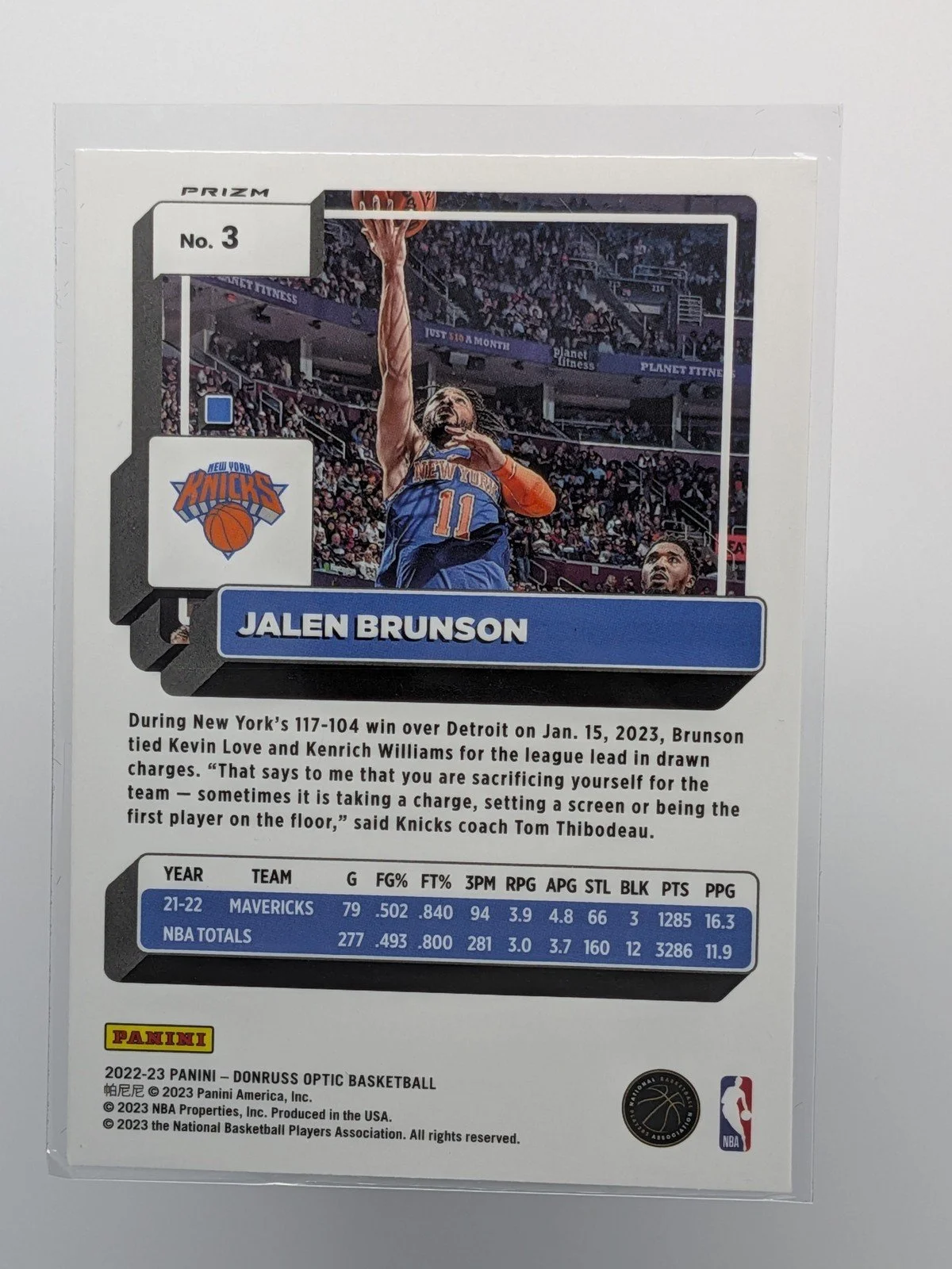 Back of 2022-23 Donruss Optic #3 Jalen Brunson Hyper Pink