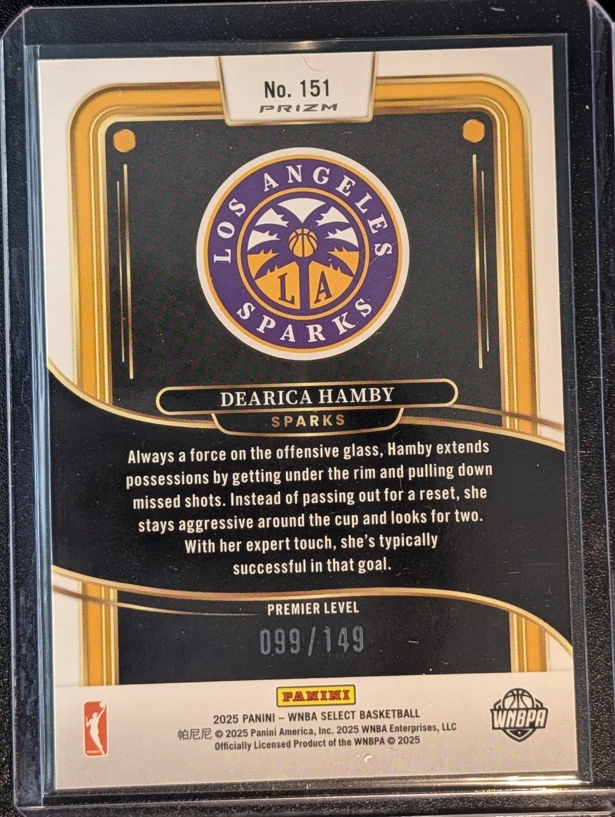 Back of 2025 Panini Select WNBA /149 Dearica Hamby Purple Prizm #151