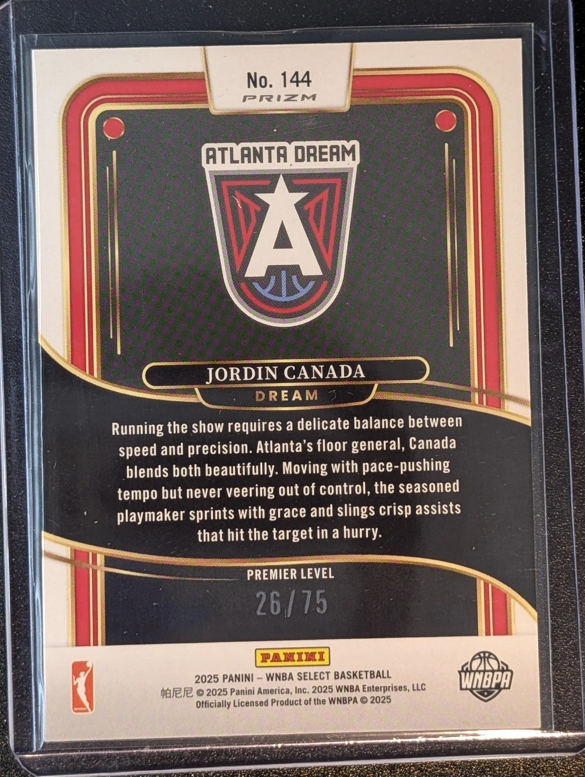 Back of 2025 Panini Select WNBA #144 Jordin Canada Tri-Color Prizm /75