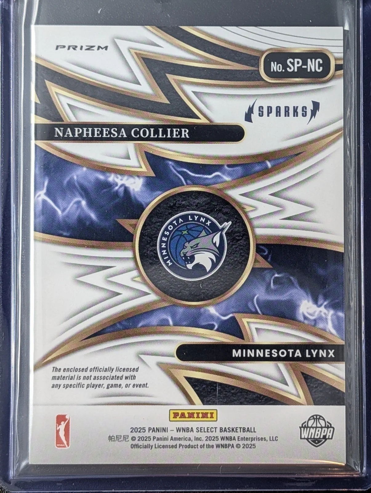 Back of 2025 Panini Select WNBA  Napheesa Collier SP-NC Patch