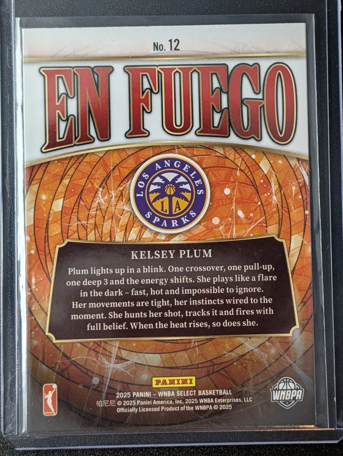Back of 2025 Panini Select WNBA #12 Kelsey Plum En Fuego