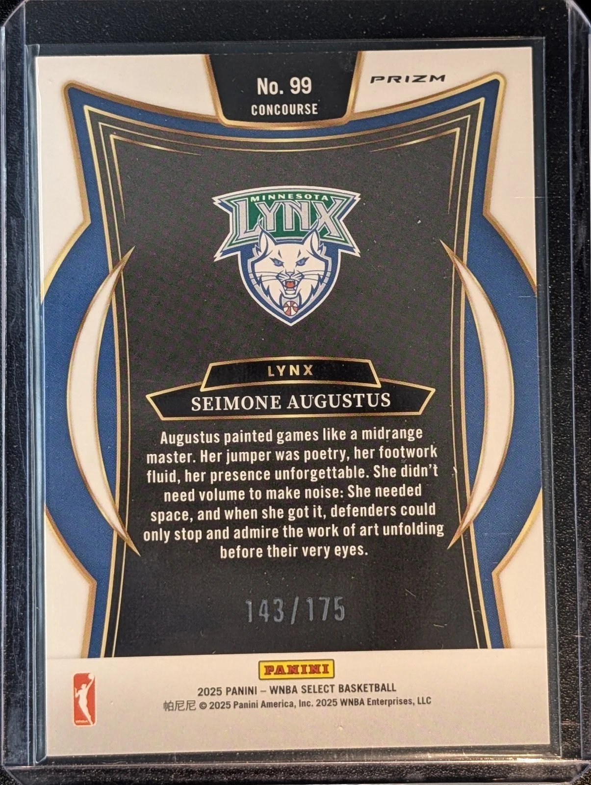 Back of 2025 Panini Select WNBA #99 Seimone Augustus Pink Camo /175
