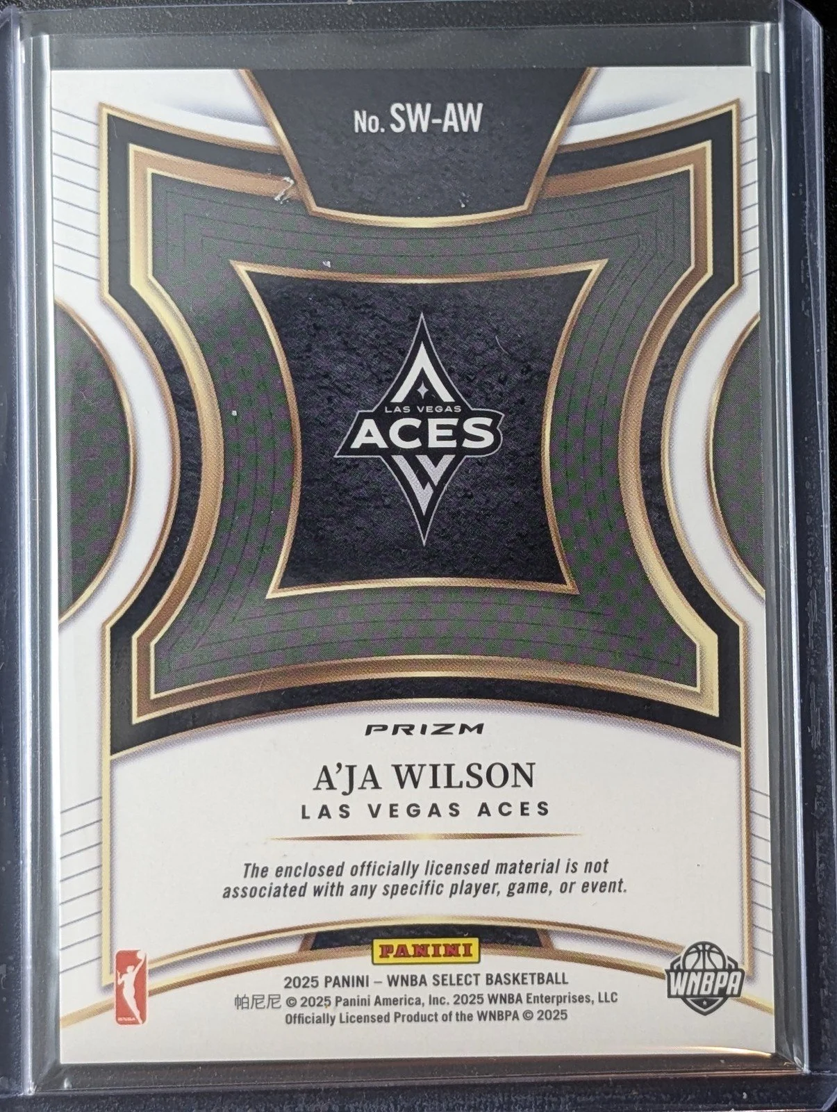 Back of 2025 Panini Select WNBA SW-AW A’ja Wilson Silver Prizm Patch