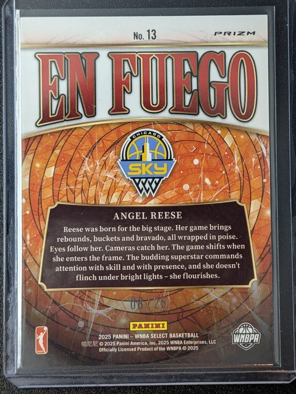 Back of 2025 Panini Select WNBA 8/25 ANGEL REESE EN FUEGO TIE-DYE PRIZM /25 Sky #13