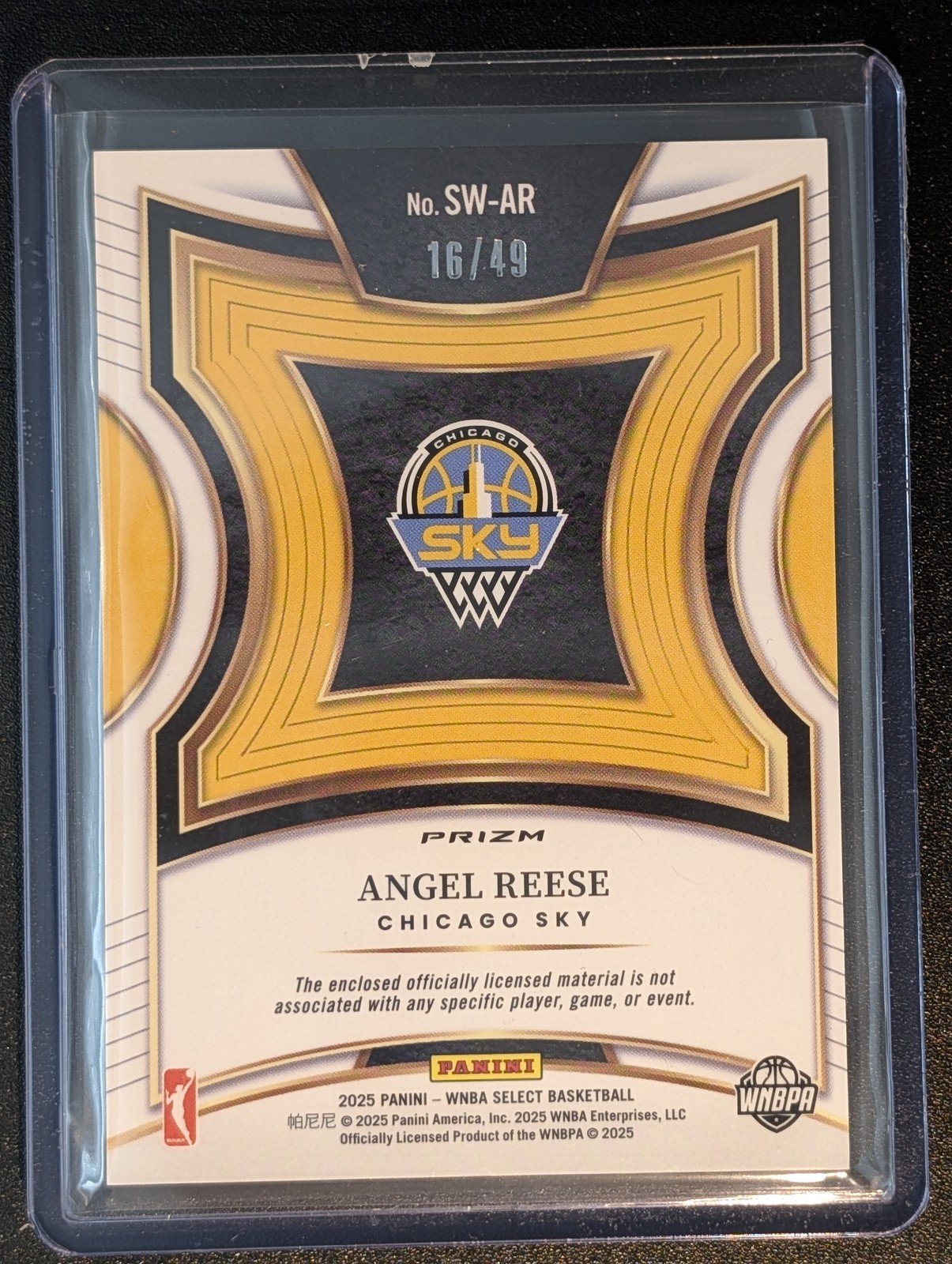 Back of 2025 Panini Select WNBA #SW-AR  Angel Reese /49 Purple Memorabilia