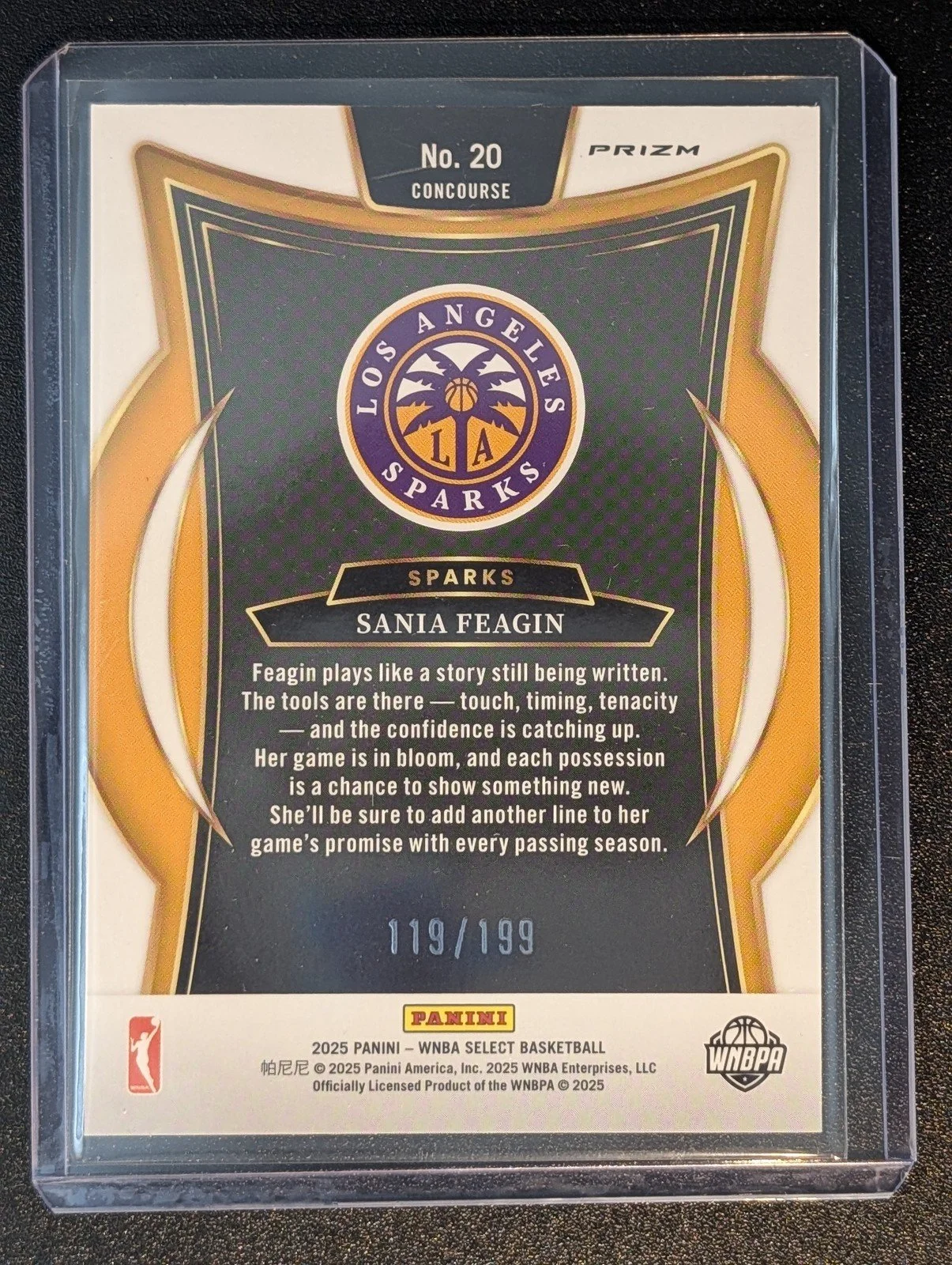 Back of 2025 Panini Select WNBA #20 Sania Feagin Blue Scope /199 RC