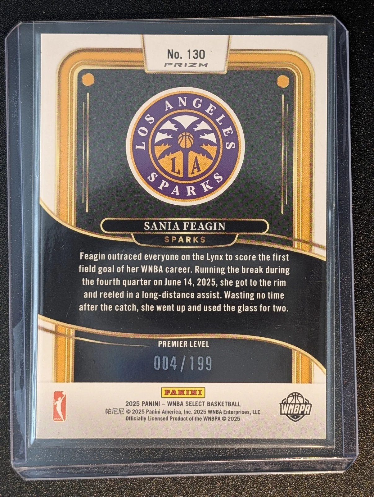 Back of 2025 Panini Select WNBA #130 4/199 Sania Feagin Blue Scope /199 RC