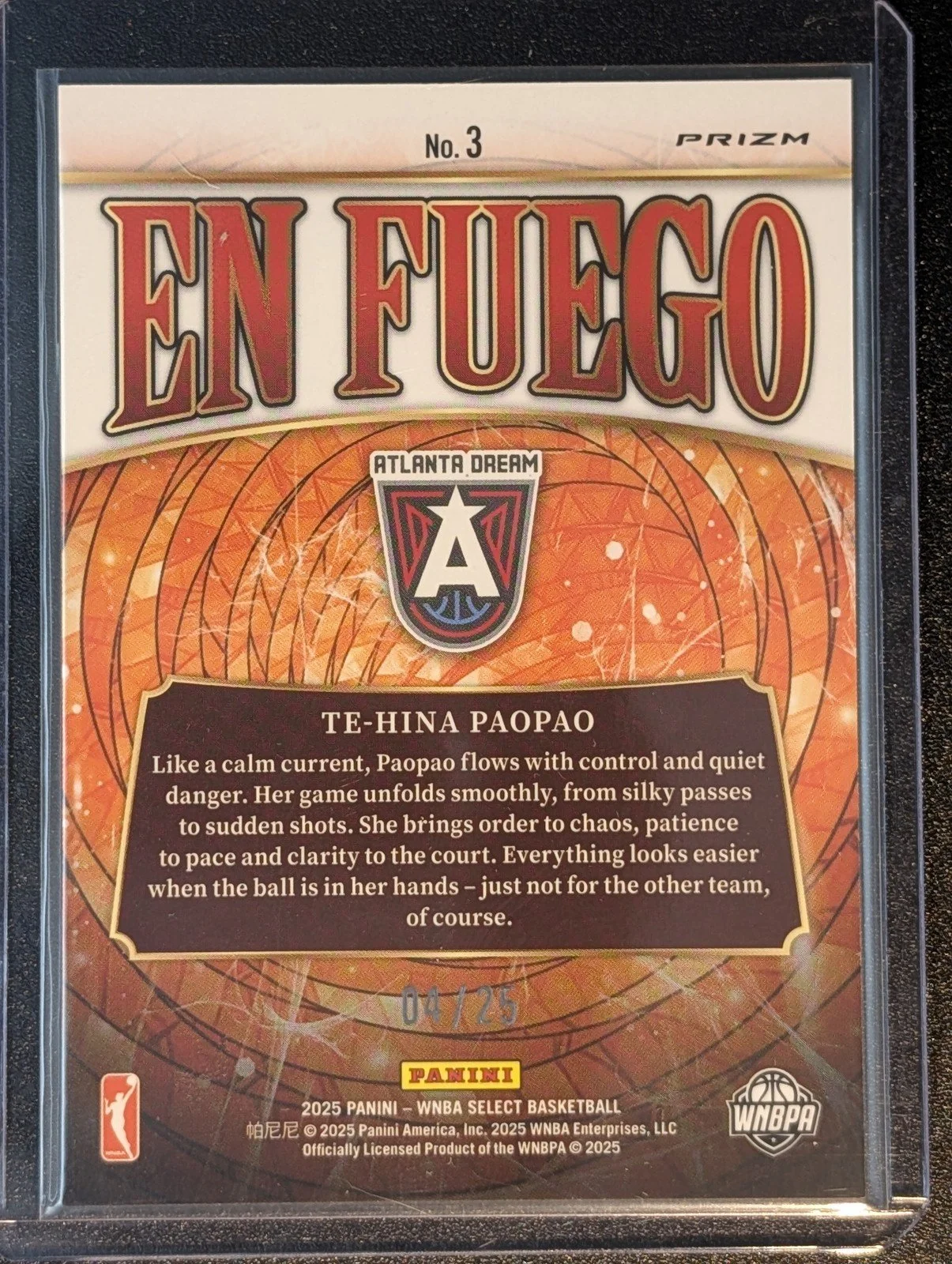 Back of 2025 Panini Select WNBA #3 Te-Hina Paopao En Fuego /25