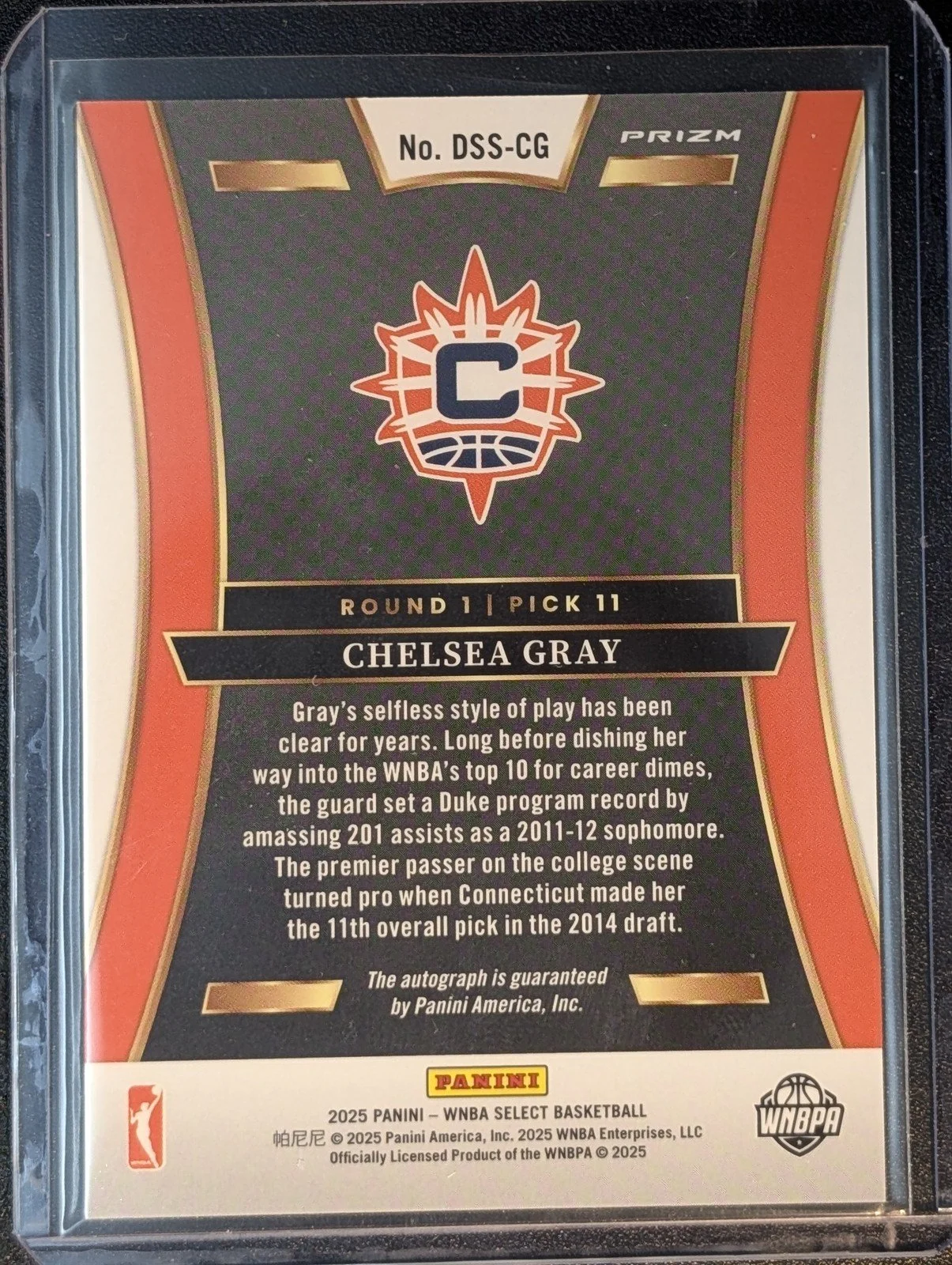 Back of 2025 Panini Select WNBA #DSS-CG Chelsea Gray Auto