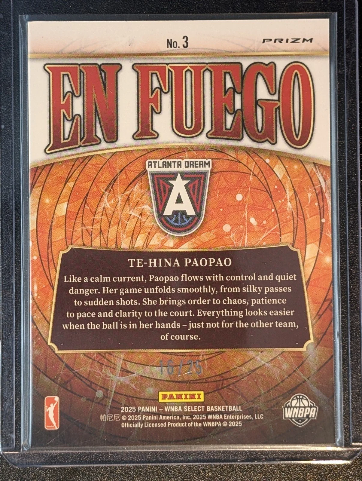 Back of 2025 Panini Select WNBA /25 Te-Hina Paopao En Fuego #3 16/25 RC