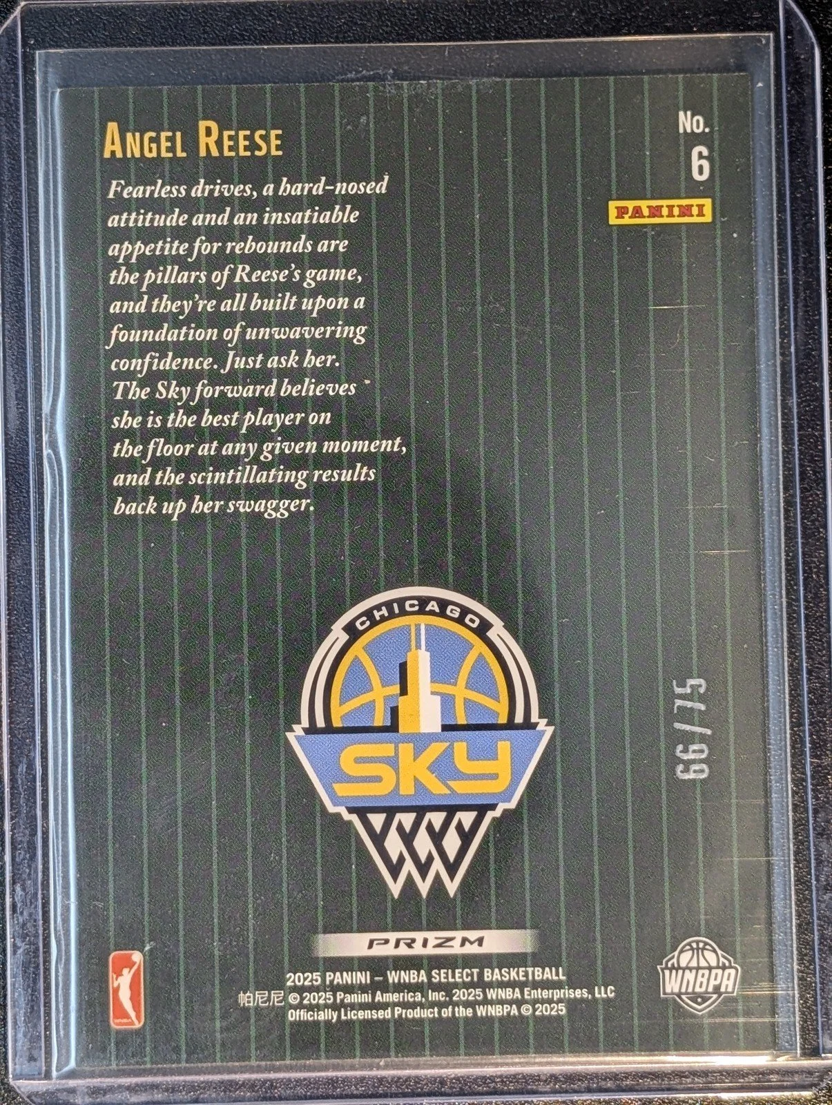 Back of 2025 Panini Select WNBA #6 Angel Reese Score Select Throwback Blue Disco /75