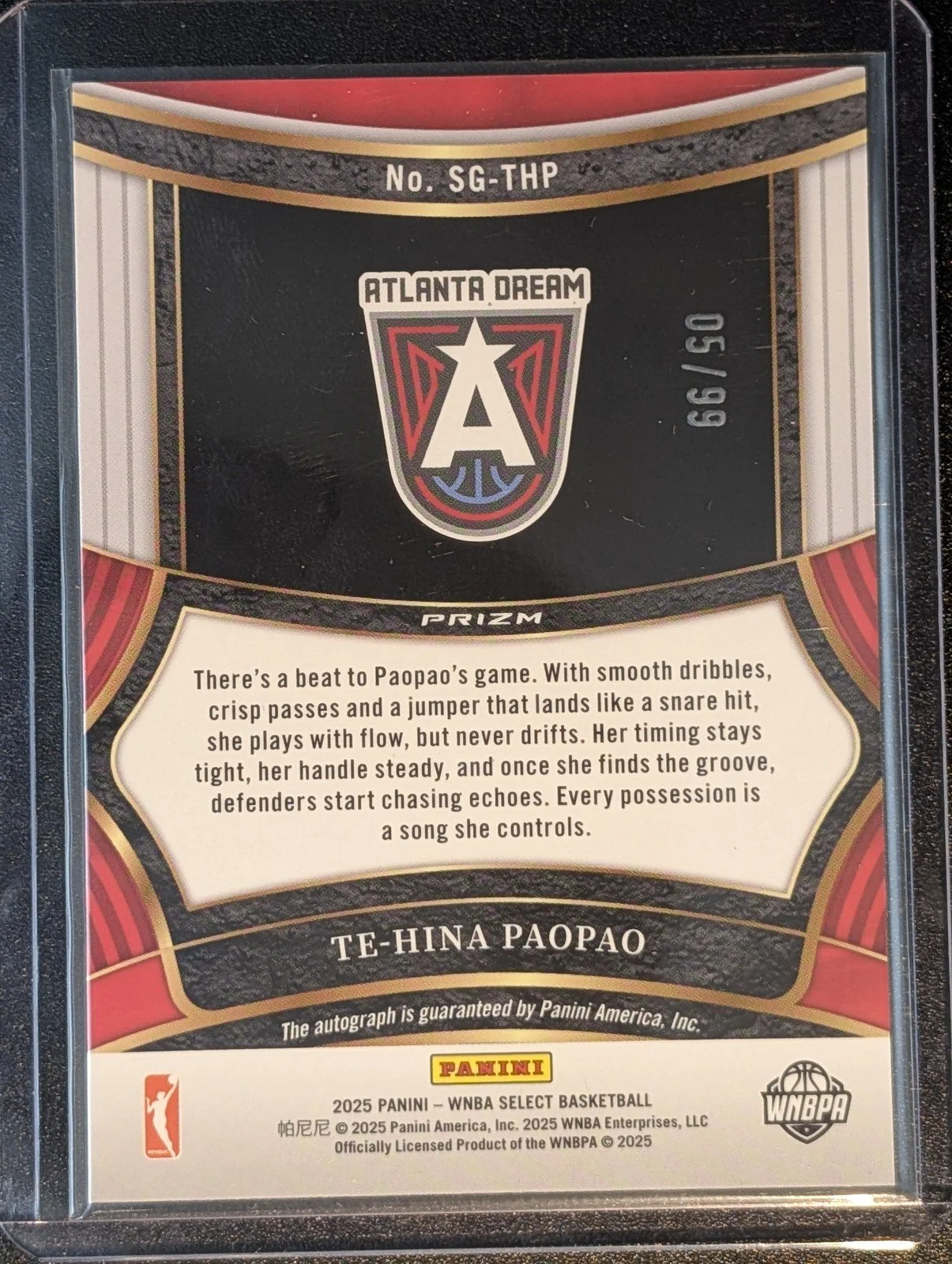 Back of 2025 Panini Select WNBA #SG-THP Te-Hina Paopao RED Prizm RC Auto /99 COLORMATCH