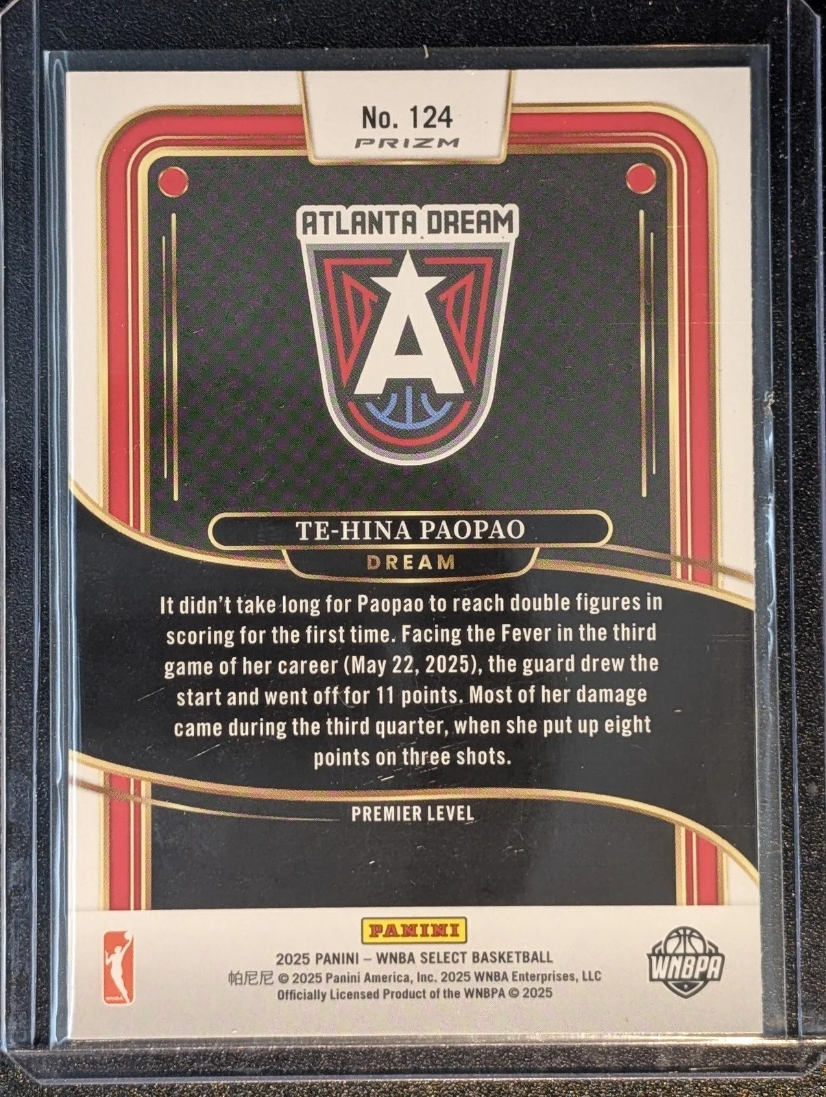 Back of 2025 Panini Select WNBA #124 Te-Hina Paopao Silver Prizms RC
