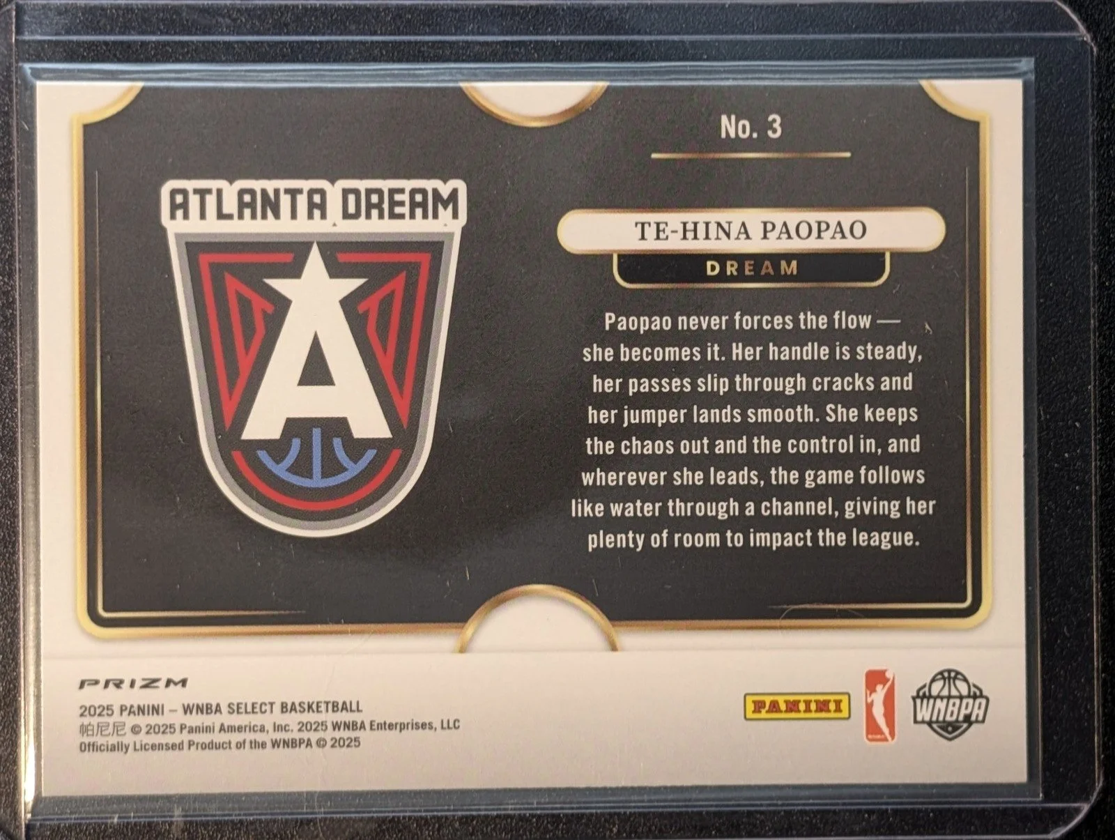 Back of 2025 Panini Select WNBA #3 Te-Hina Paopao Snapshots Prizms RC