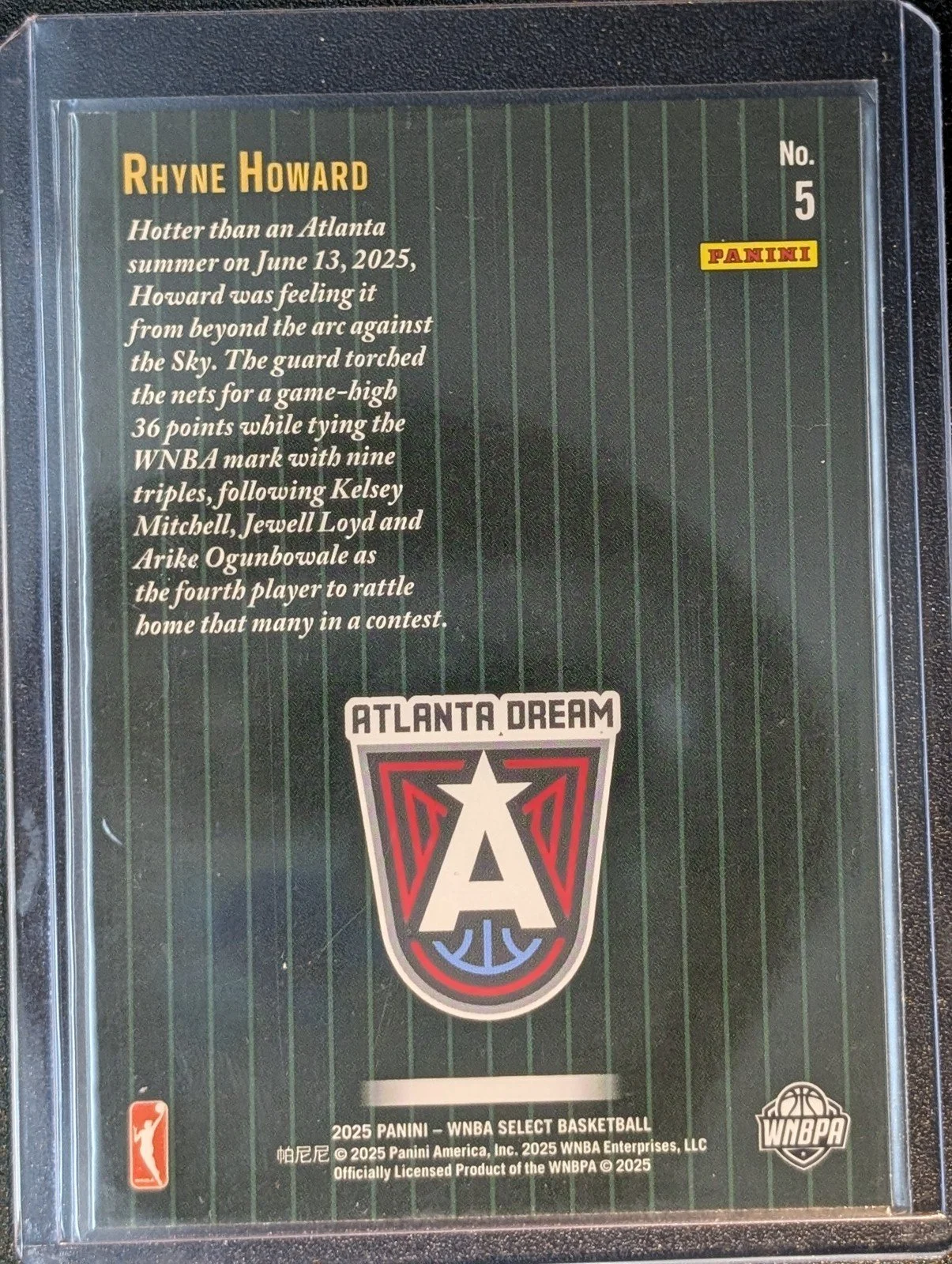 Back of 2025 Panini Select WNBA #5 Rhyne Howard Score Select Throwback
