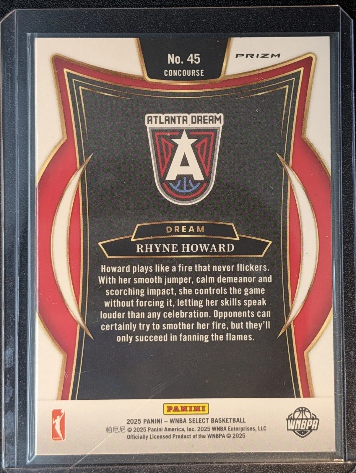 Back of 2025 Panini Select WNBA #45 Rhyne Howard Silver Prizms