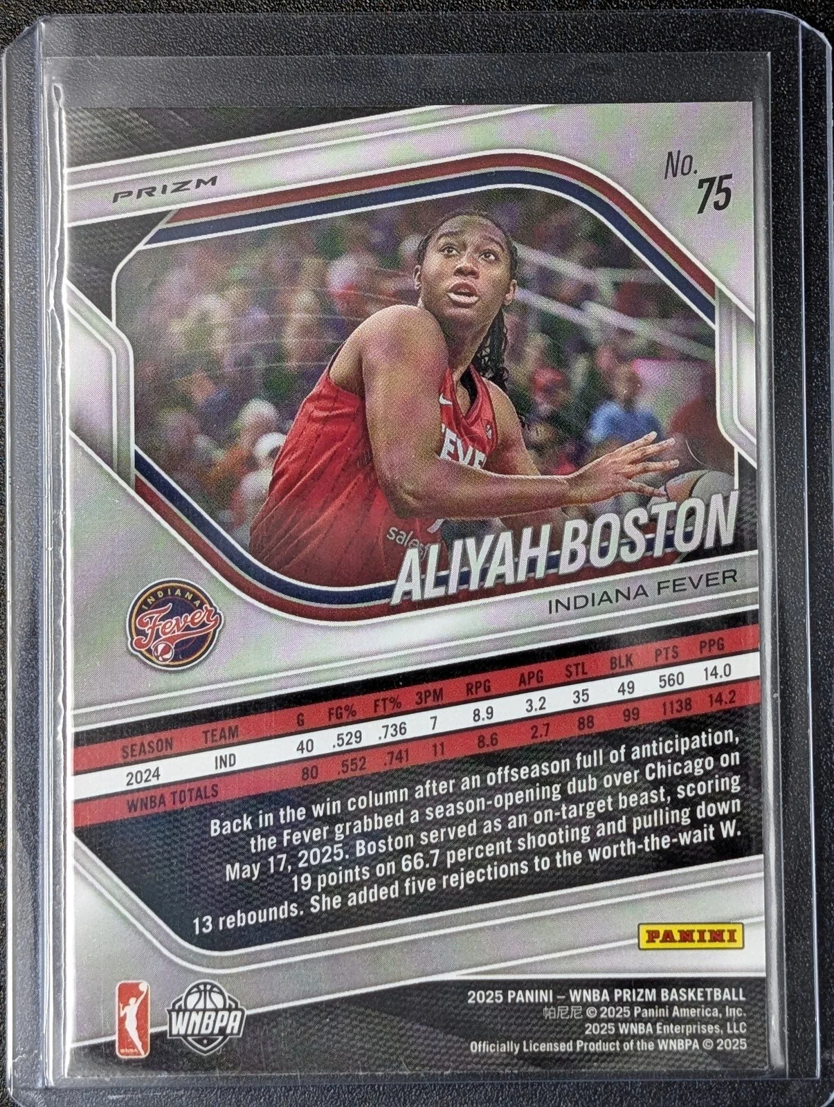 Back of 2025 Panini Prizm WNBA #75 Aliyah Boston Silver Prizms