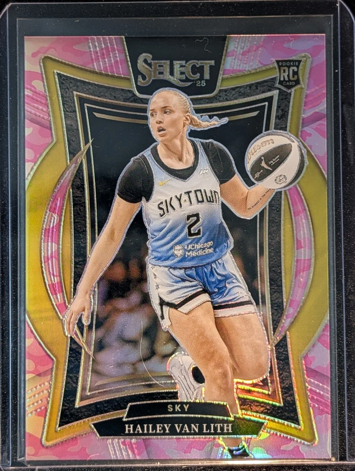 Front of 2025 Panini Select WNBA #30 Hailey Van Lith Pink Camo Prizms /175