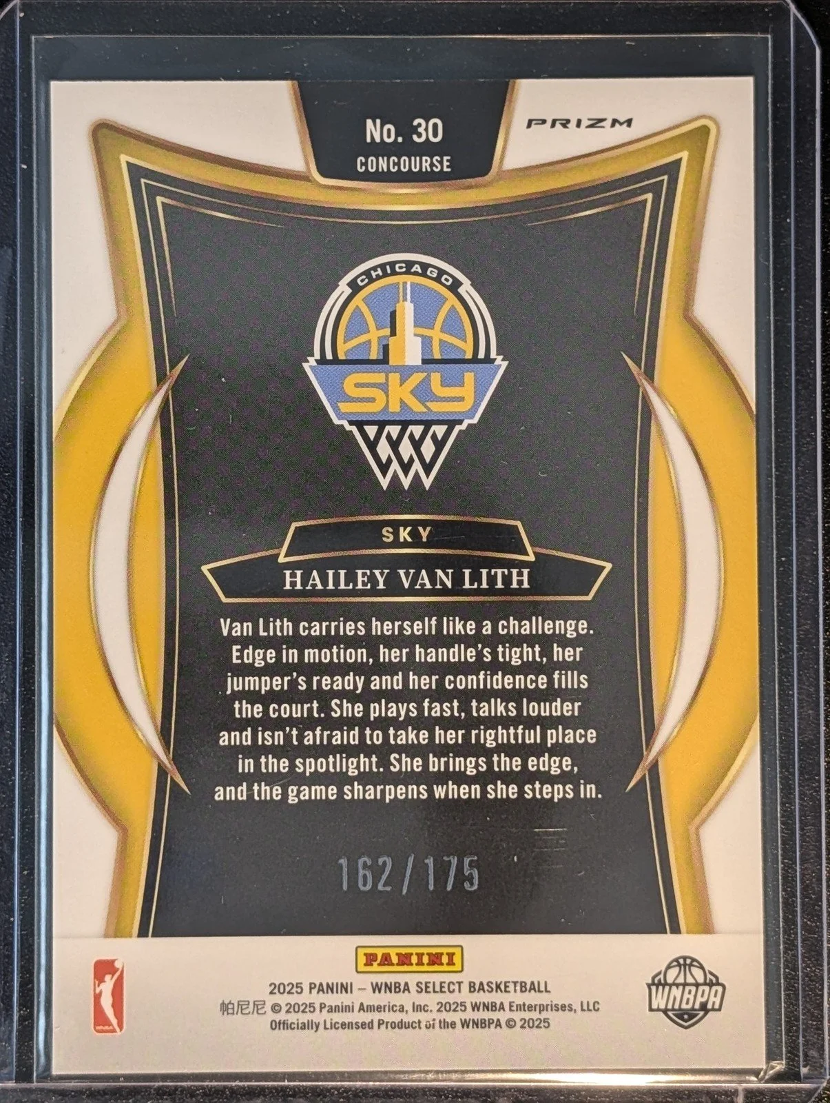 Back of 2025 Panini Select WNBA #30 Hailey Van Lith Pink Camo Prizms /175
