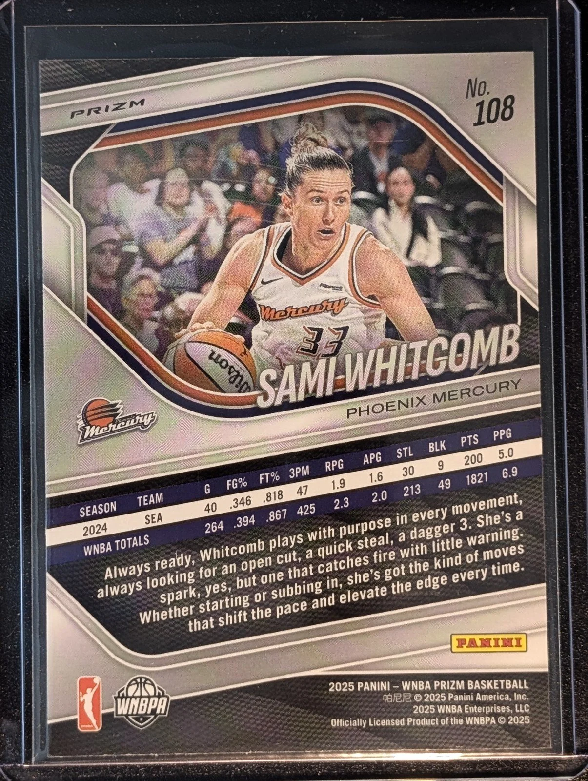 Back of 2025 Panini Prizm WNBA #108 Sami Whitcomb White Seismic Prizms
