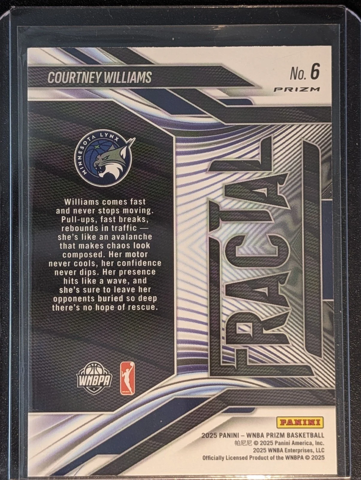 Back of 2025 Panini Prizm WNBA #6 Courtney Williams Fractal Prizms Green