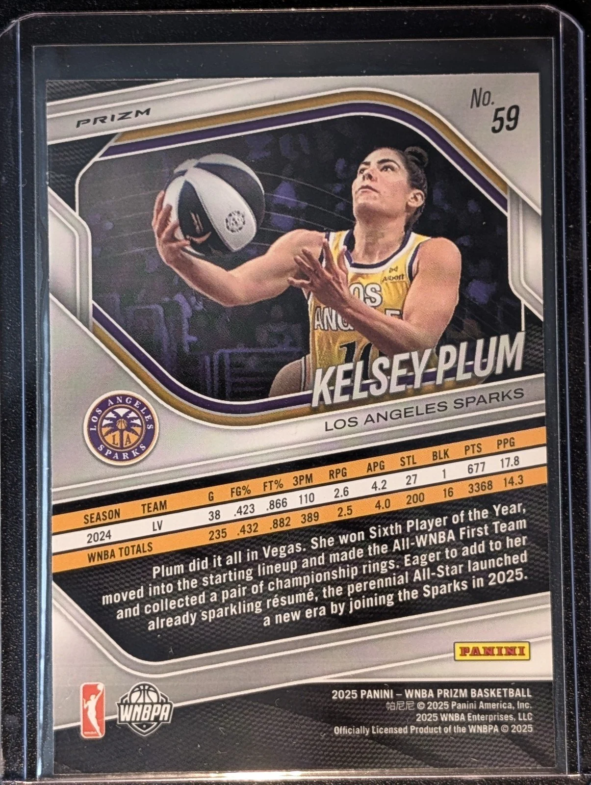 Back of 2025 Panini Prizm WNBA #59 Kelsey Plum Silver Prizms