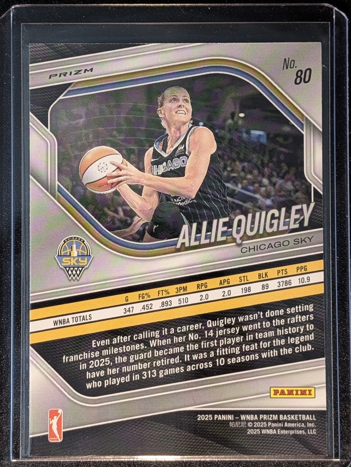 Back of 2025 Panini Prizm WNBA #80 Allie Quigley White Seismic Prizms