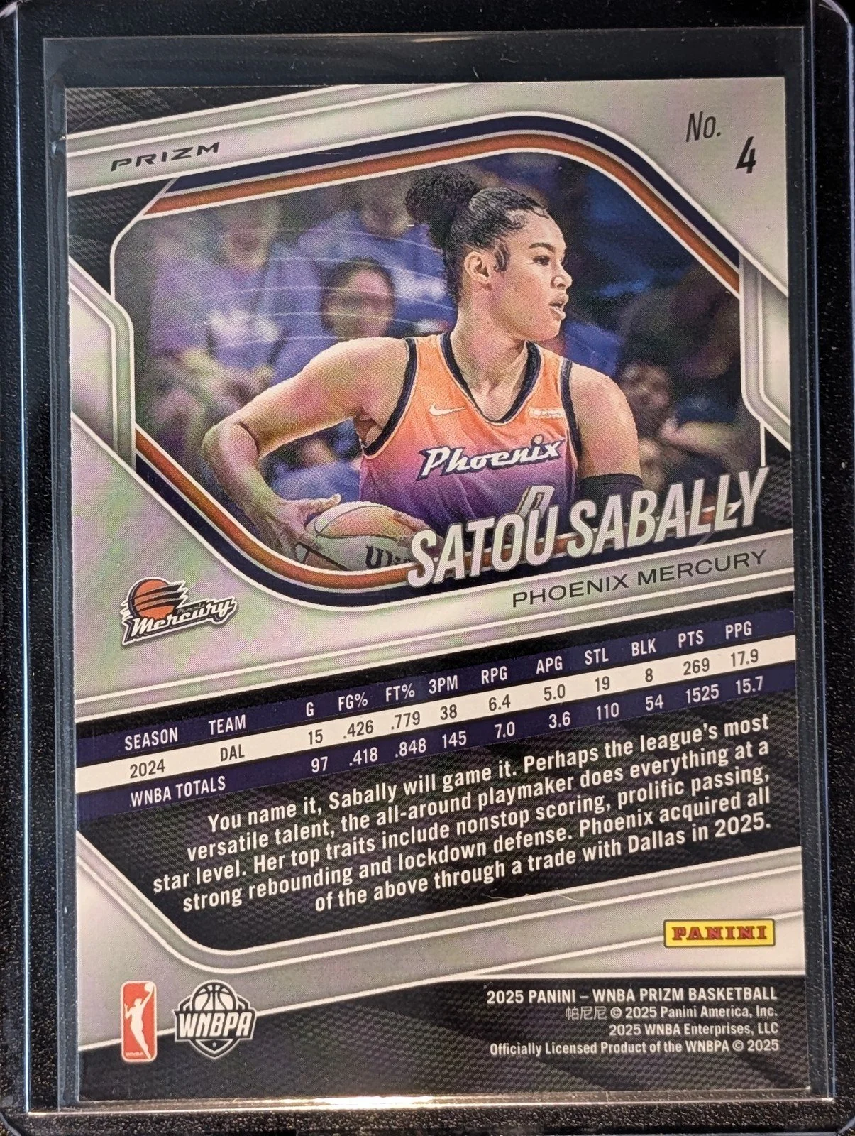 Back of 2025 Panini Prizm WNBA #4 Satou Sabally White Seismic Prizms