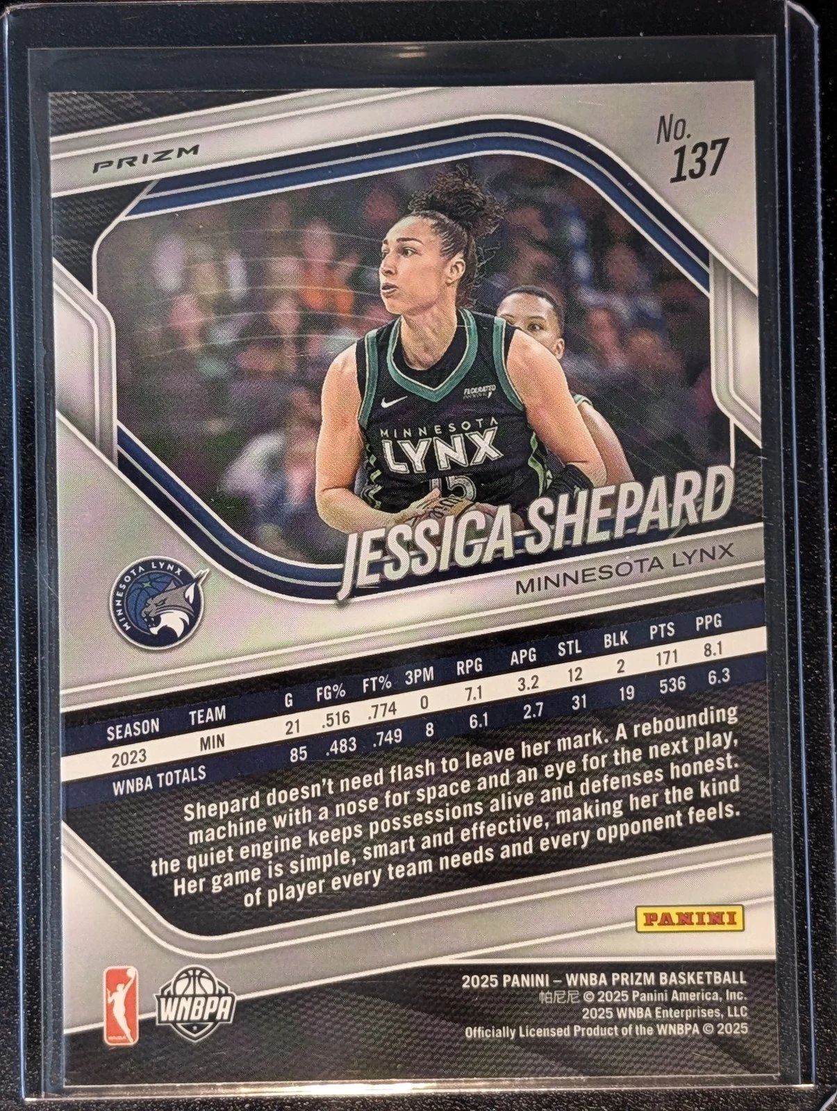 Back of 2025 Panini Prizm WNBA #137 Jessica Shepard White Seismic Prizms
