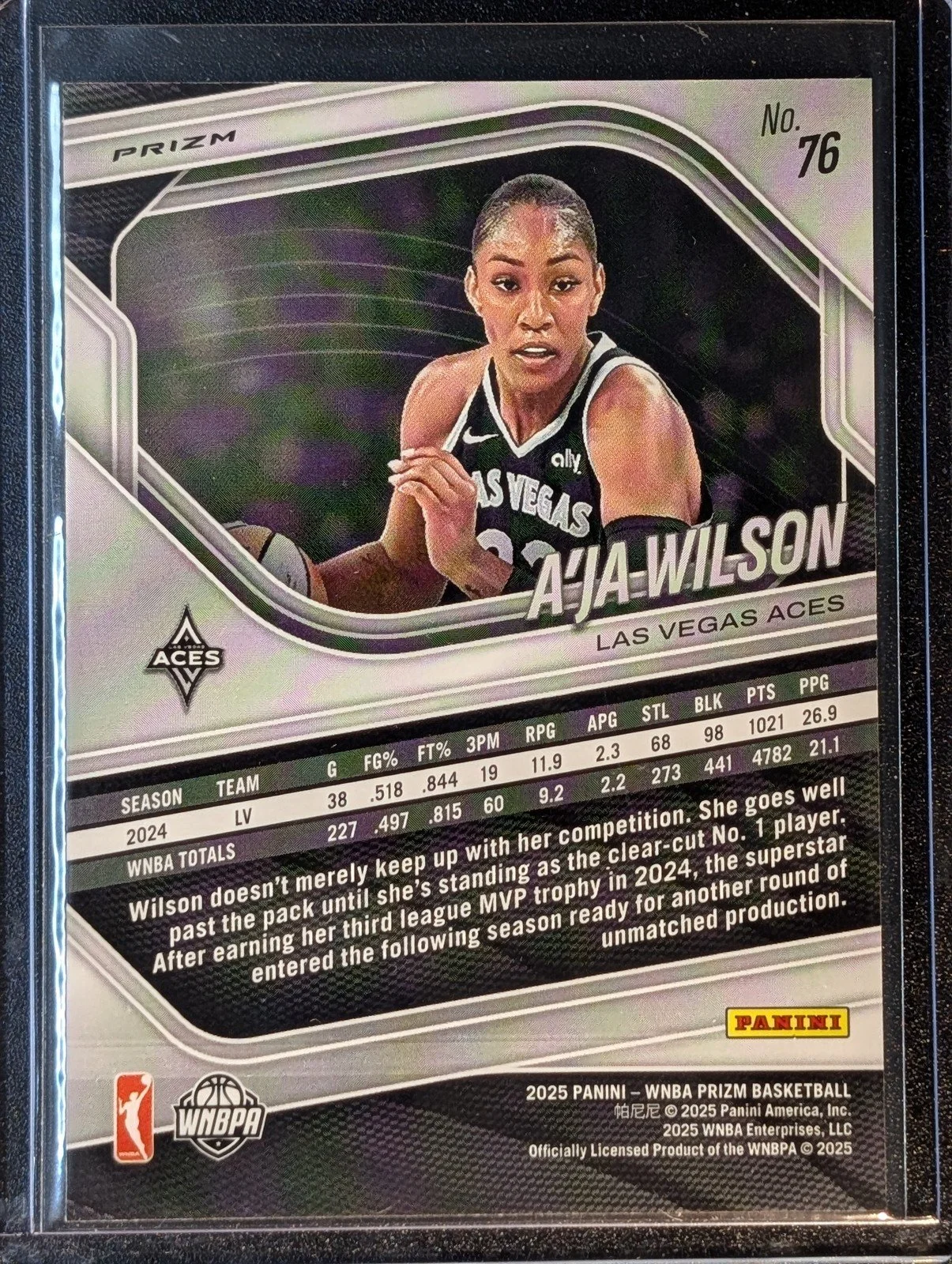 Back of 2025 Panini Prizm WNBA #76 A’ja Wilson Silver Prizms