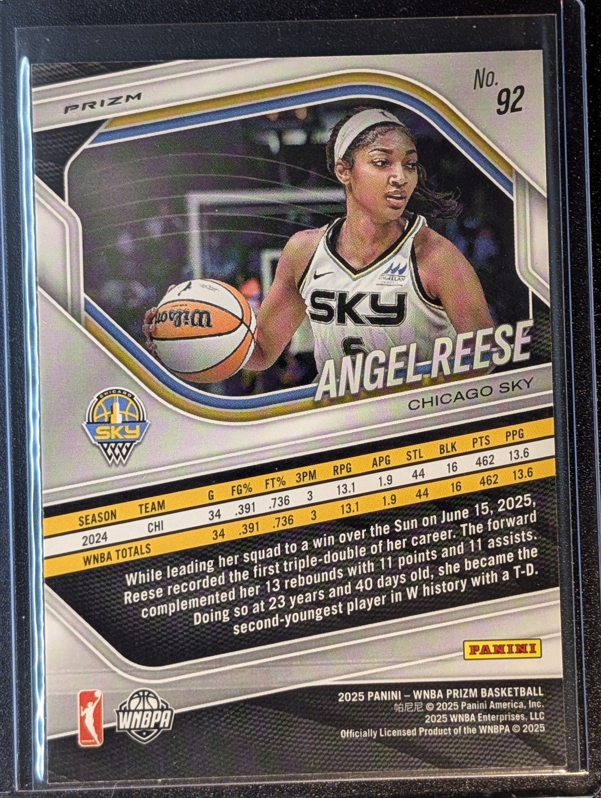 Back of 2025 Panini Prizm WNBA #92 Angel Reese Silver Prizms