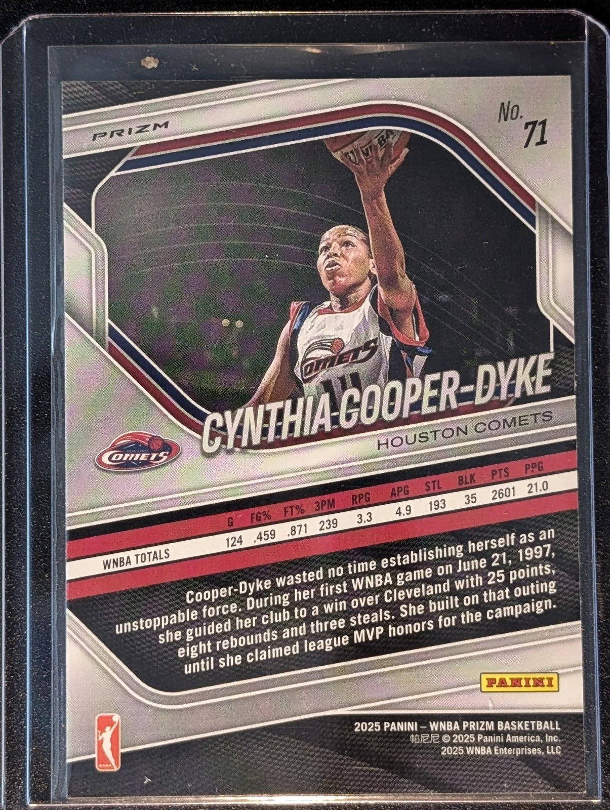 Back of 2025 Panini Prizm WNBA #71 Cynthia Cooper-Dyke Green Prizms