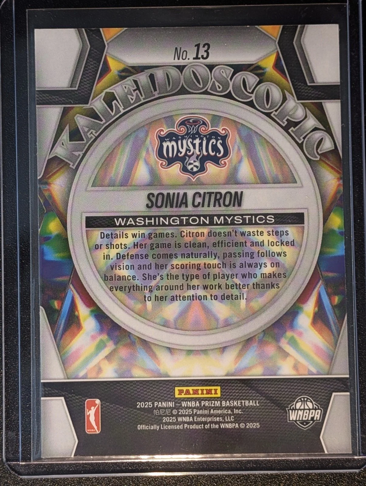 Back of 2025 Panini Prizm WNBA #13 Sonia Citron Kaleidoscopic RC